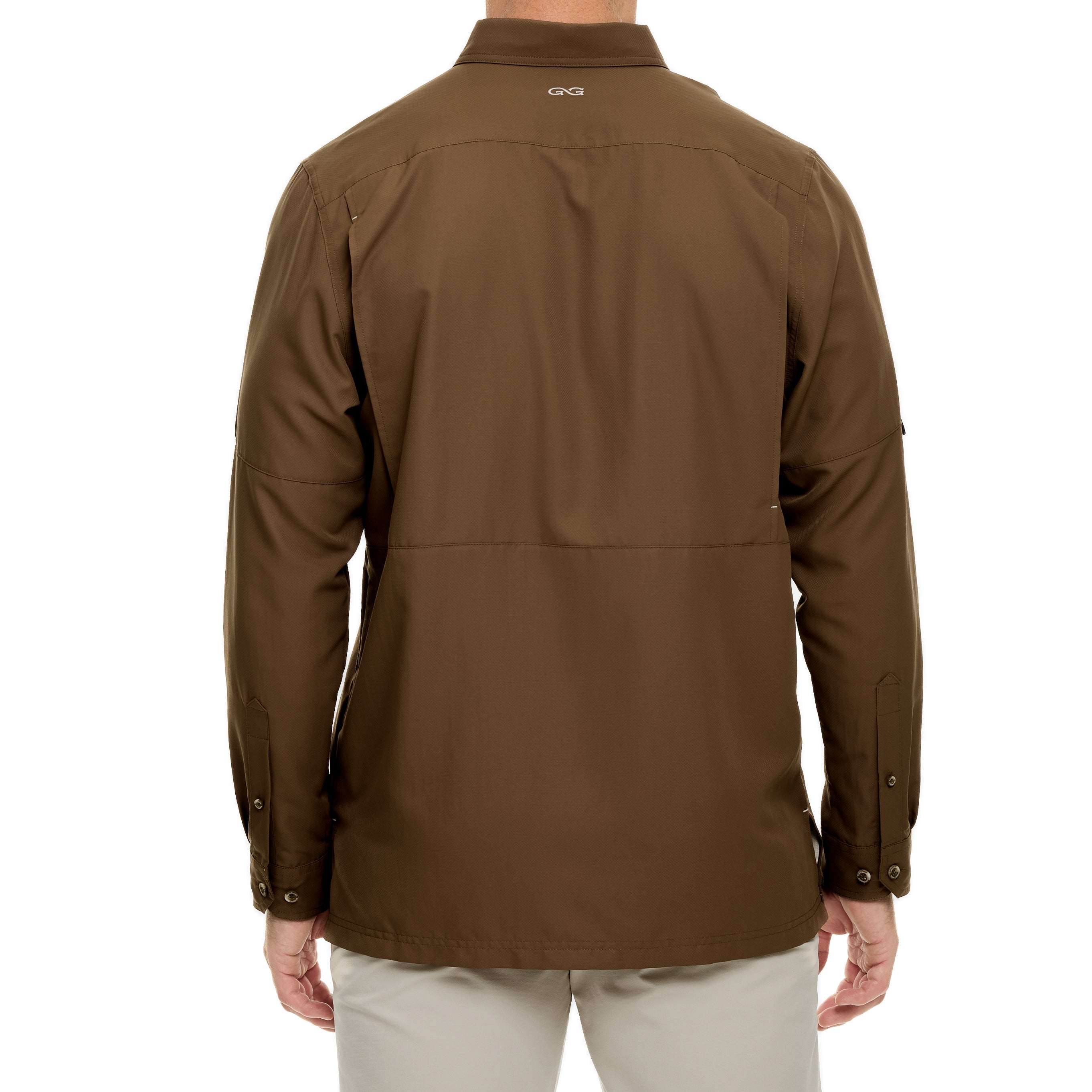 Brown jacket worn by a person on a white background