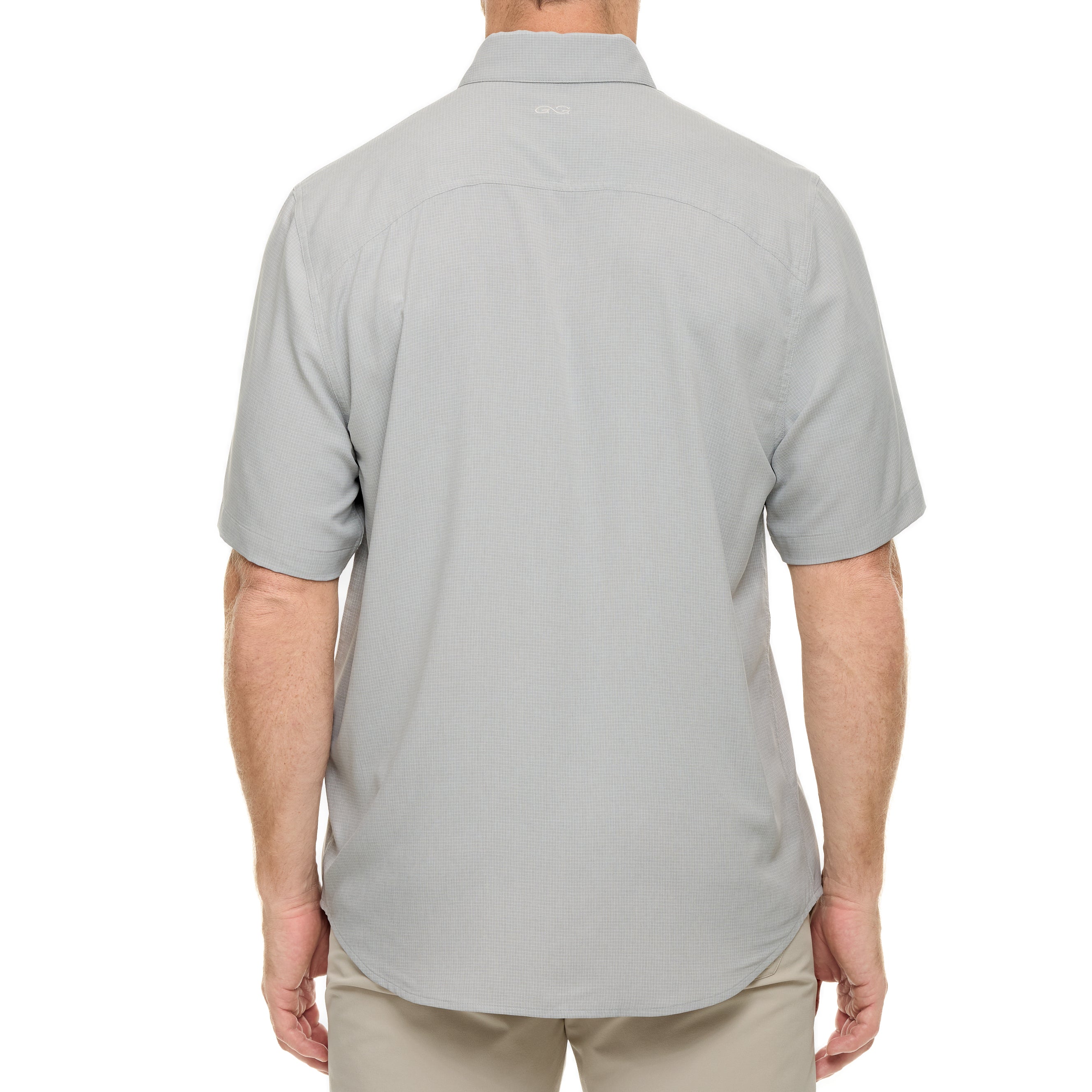 Person wearing a light gray short-sleeve shirt on a white background