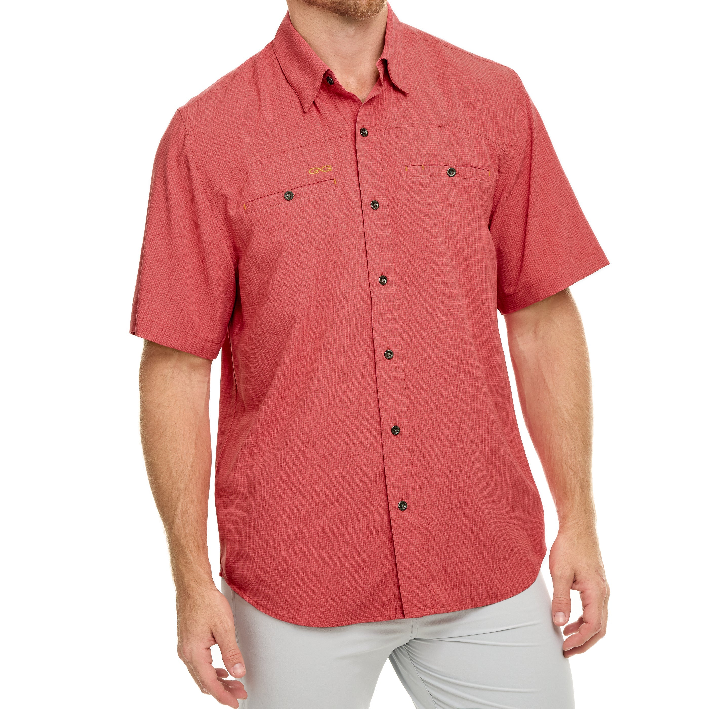 Red short-sleeve shirt worn by a person on a white background