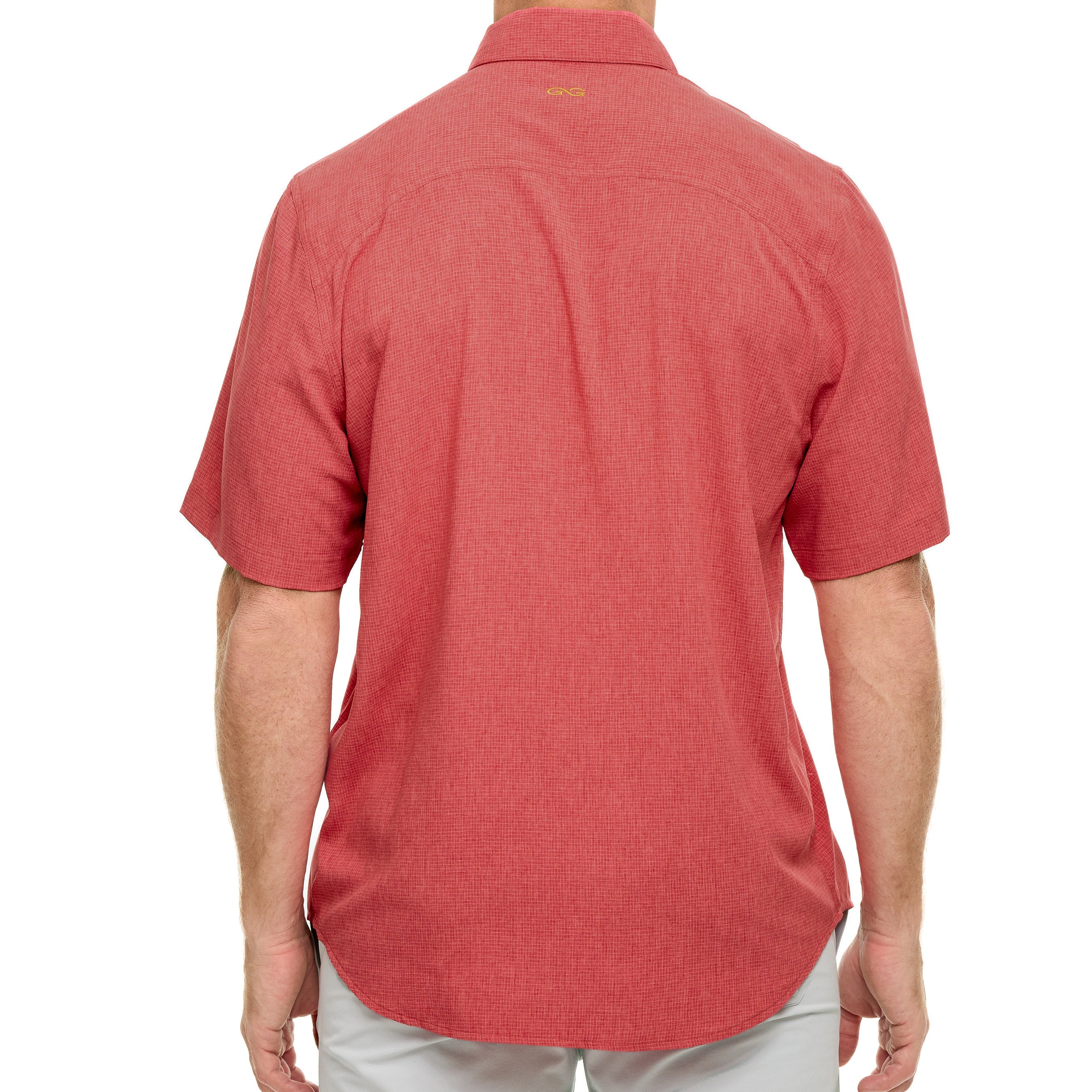 Red short-sleeve shirt worn by a person on a white background