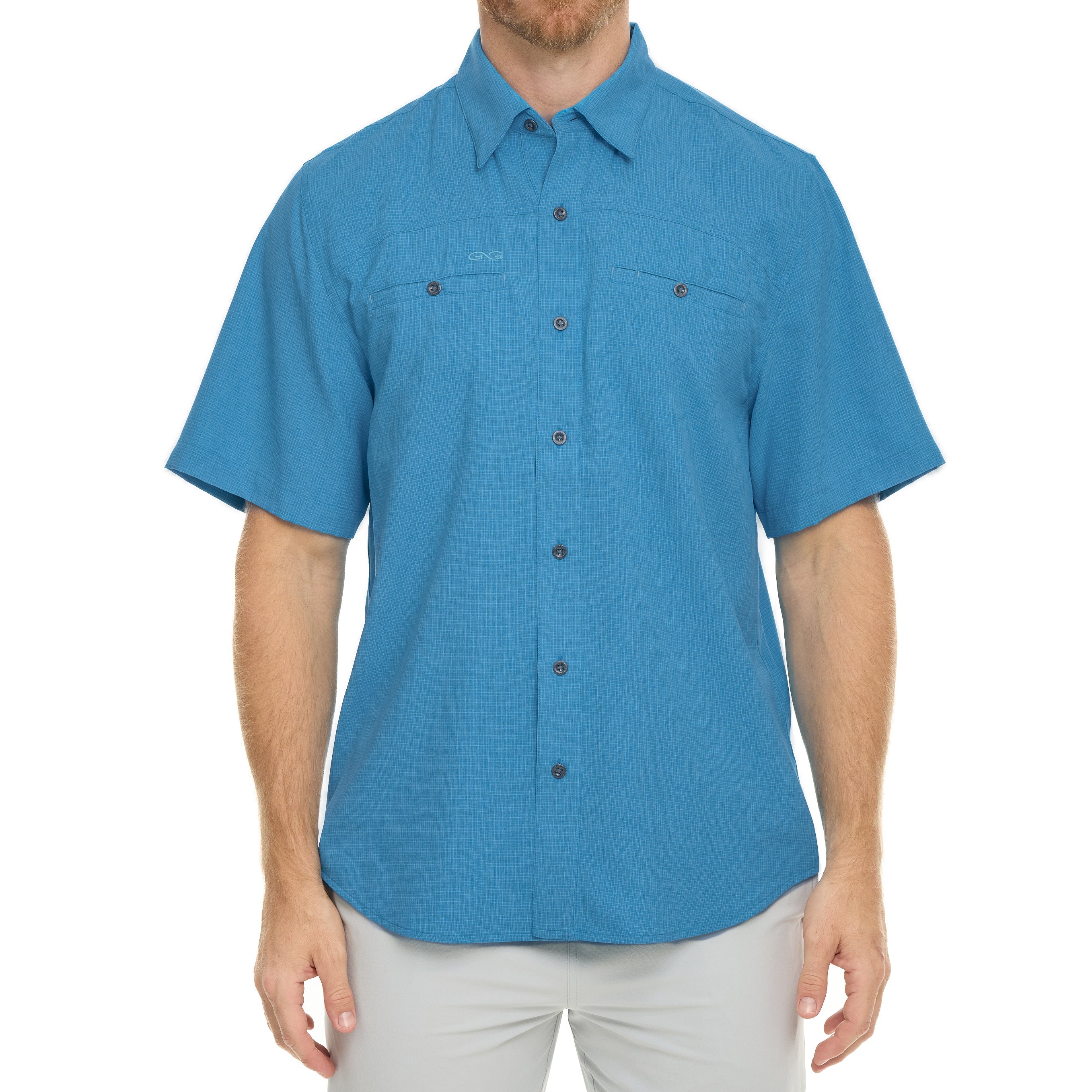 Man wearing a blue short-sleeve shirt on a white background