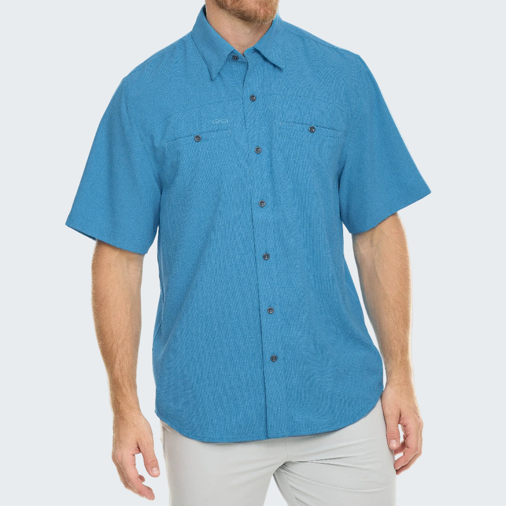 Man wearing a blue short-sleeve shirt on a white background