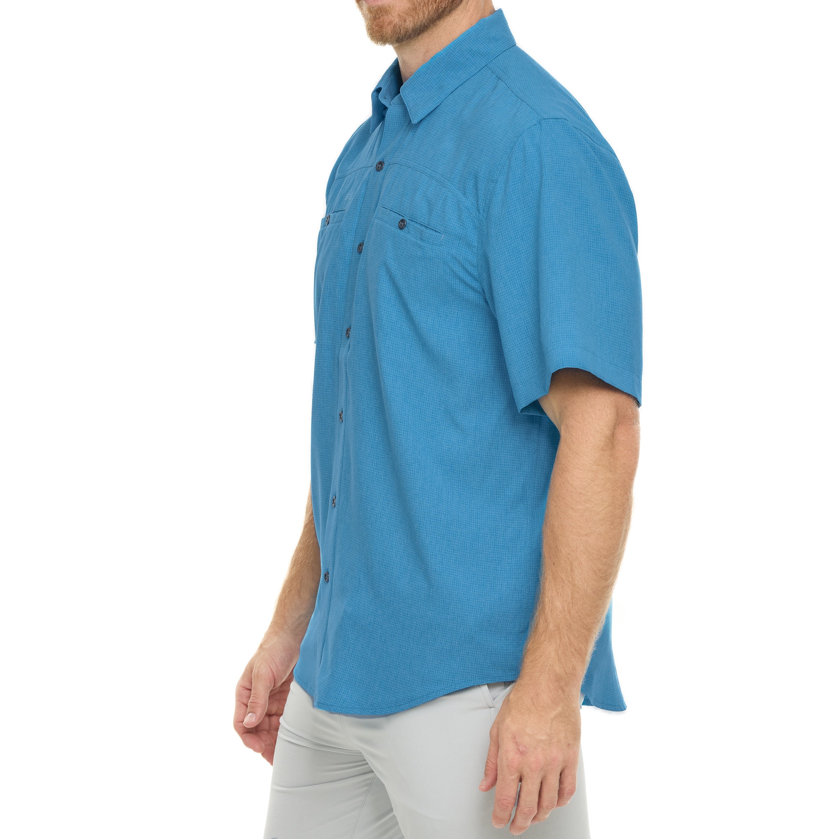 Man wearing a blue short-sleeve shirt on a white background