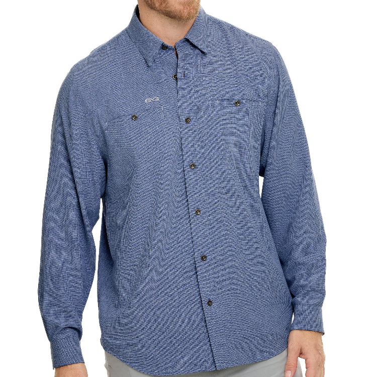 Blue patterned shirt worn by a person on a white background