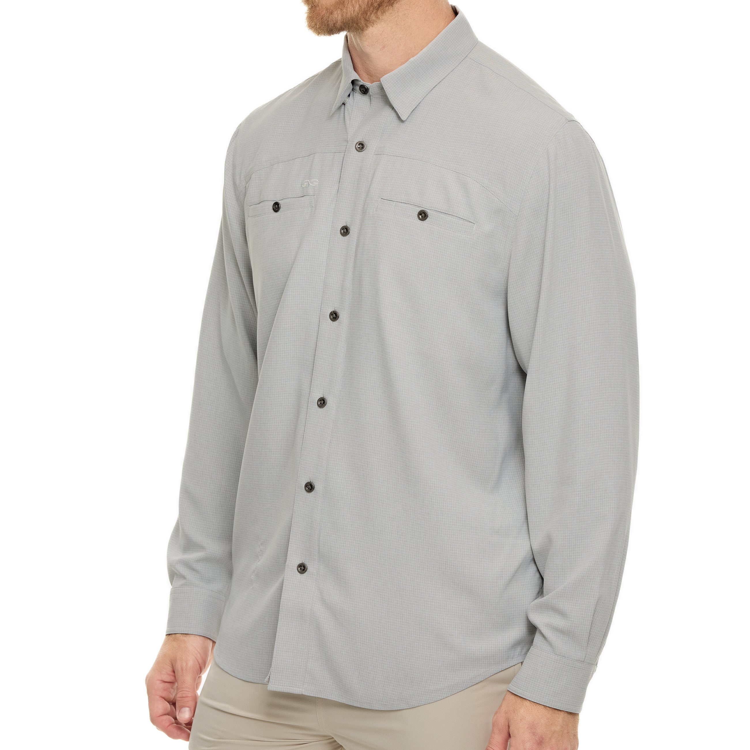 Light gray button-up shirt worn by a person on a white background