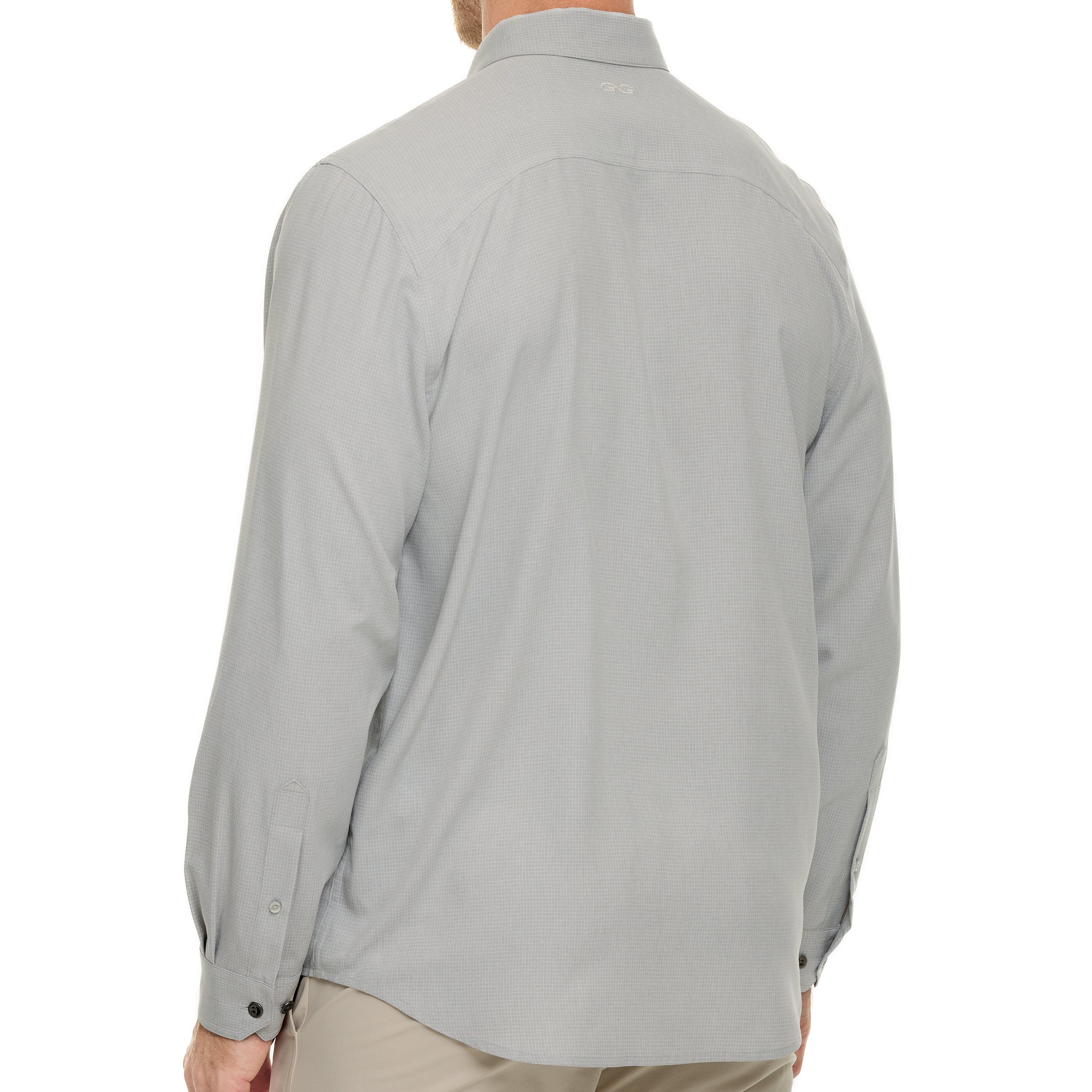 Light gray long-sleeve shirt worn by a person on a white background