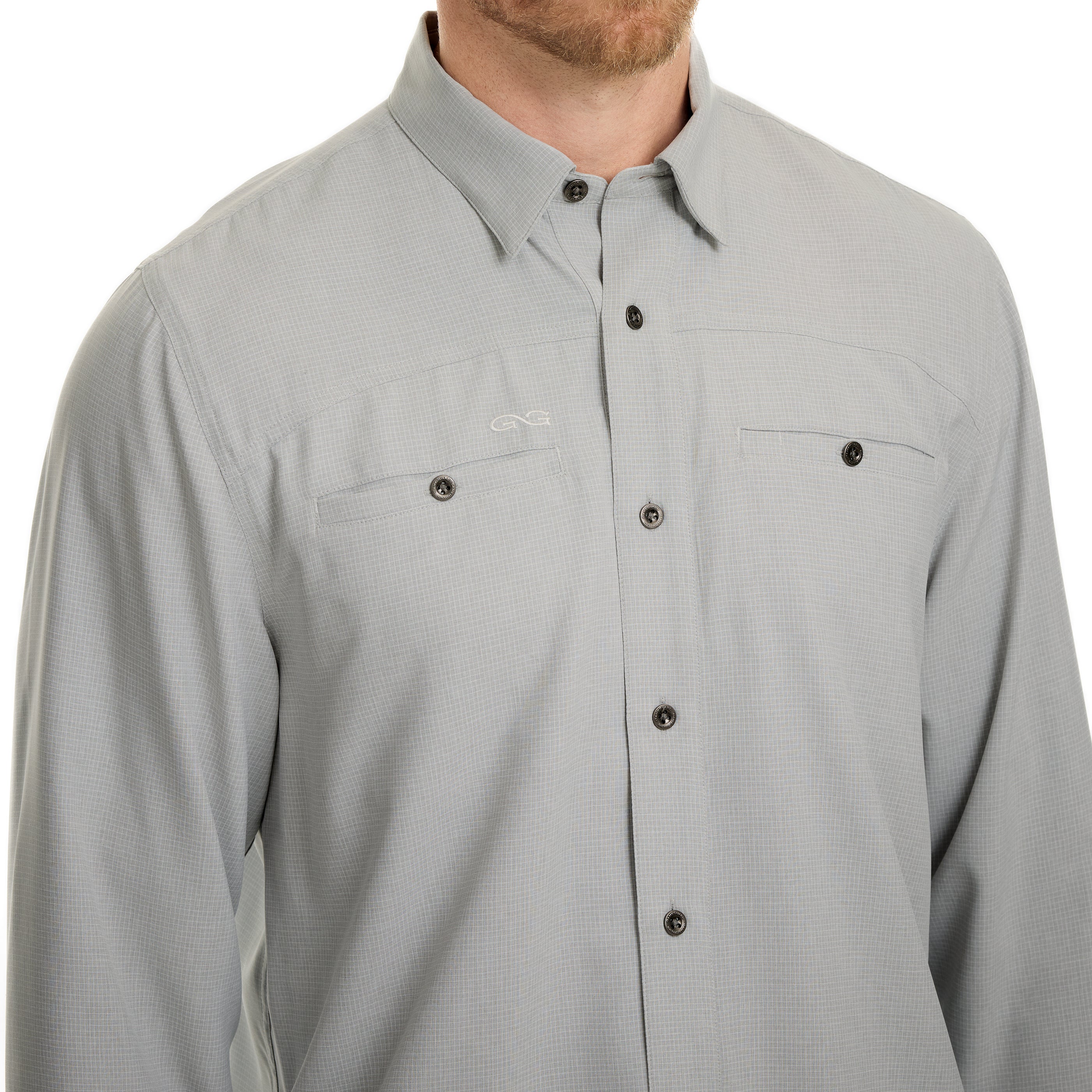 Gray button-up shirt with a brand logo on a white background