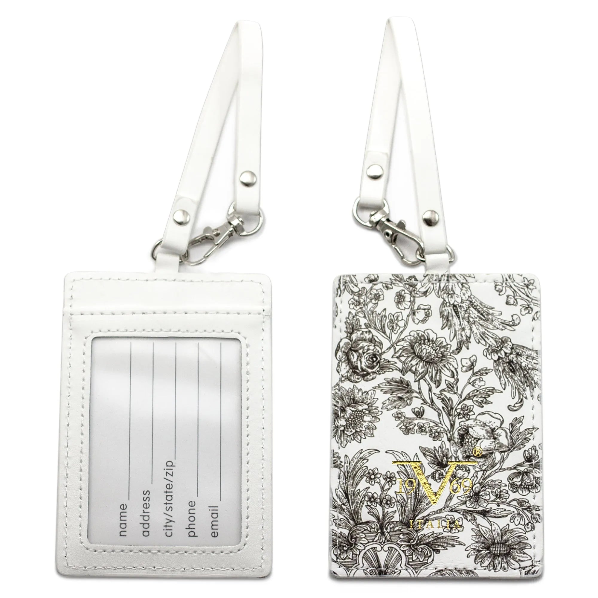 Two luggage tags with floral design and text field on a white background