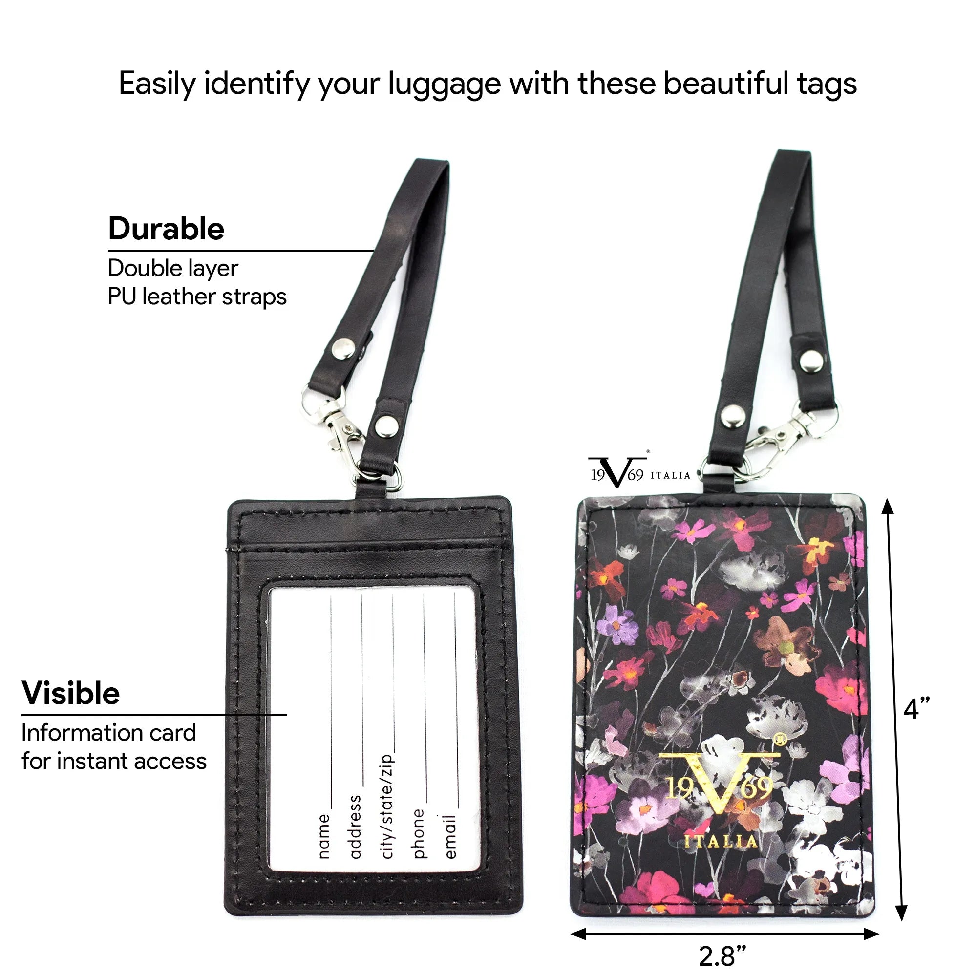 Floral luggage tag with black strap and visible information card on a white background