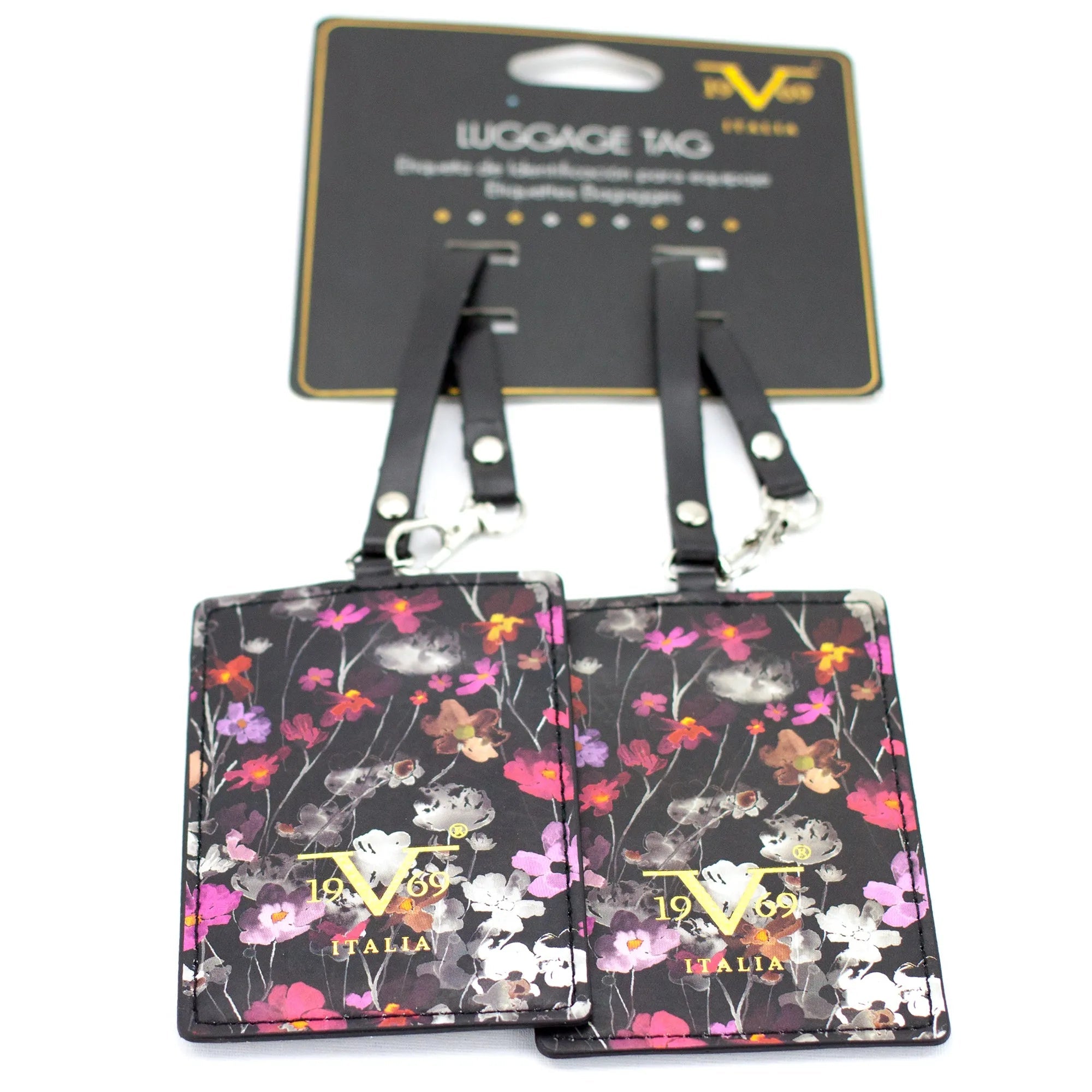 Floral patterned luggage tags on a white background