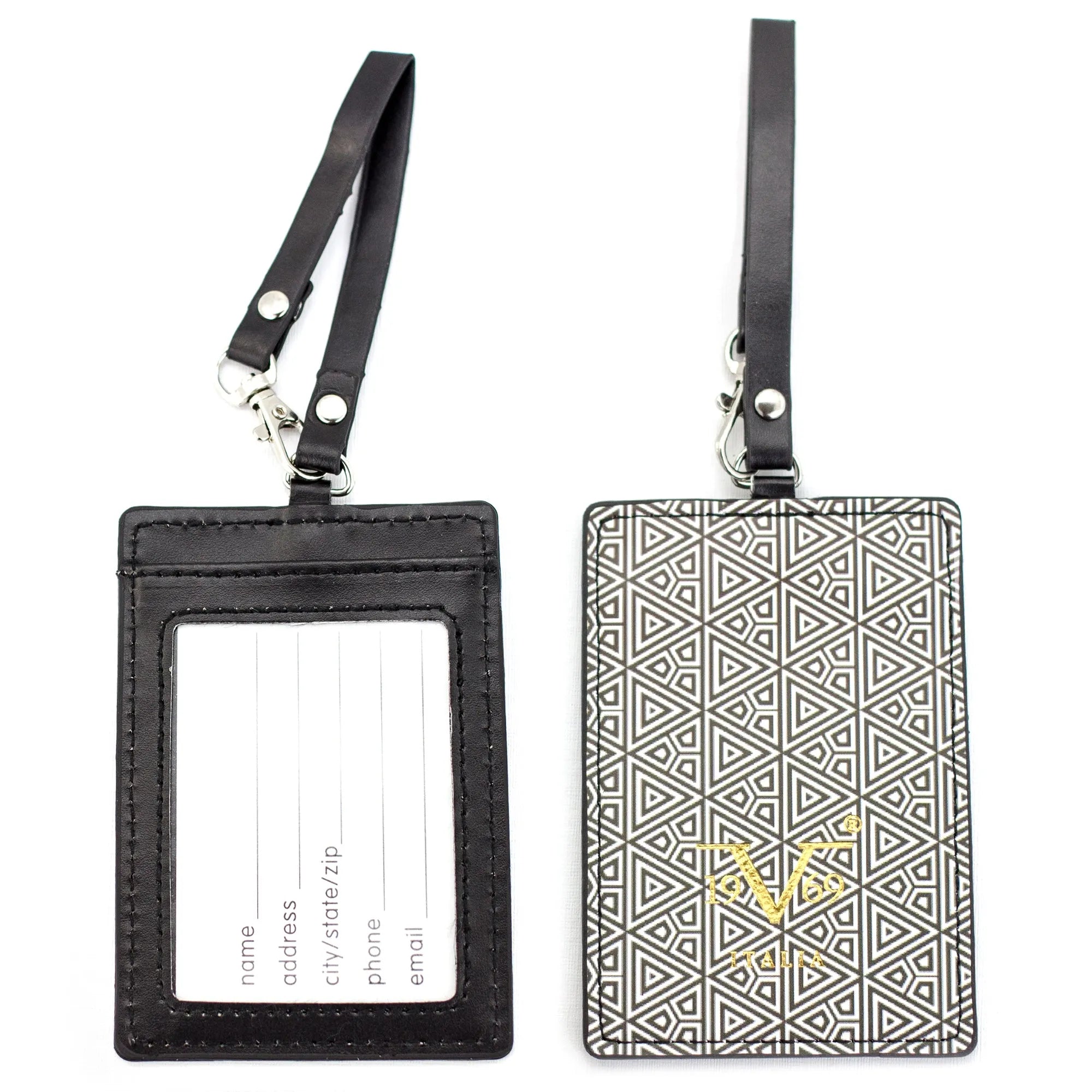 Black lanyard with a geometric patterned card holder on a white background