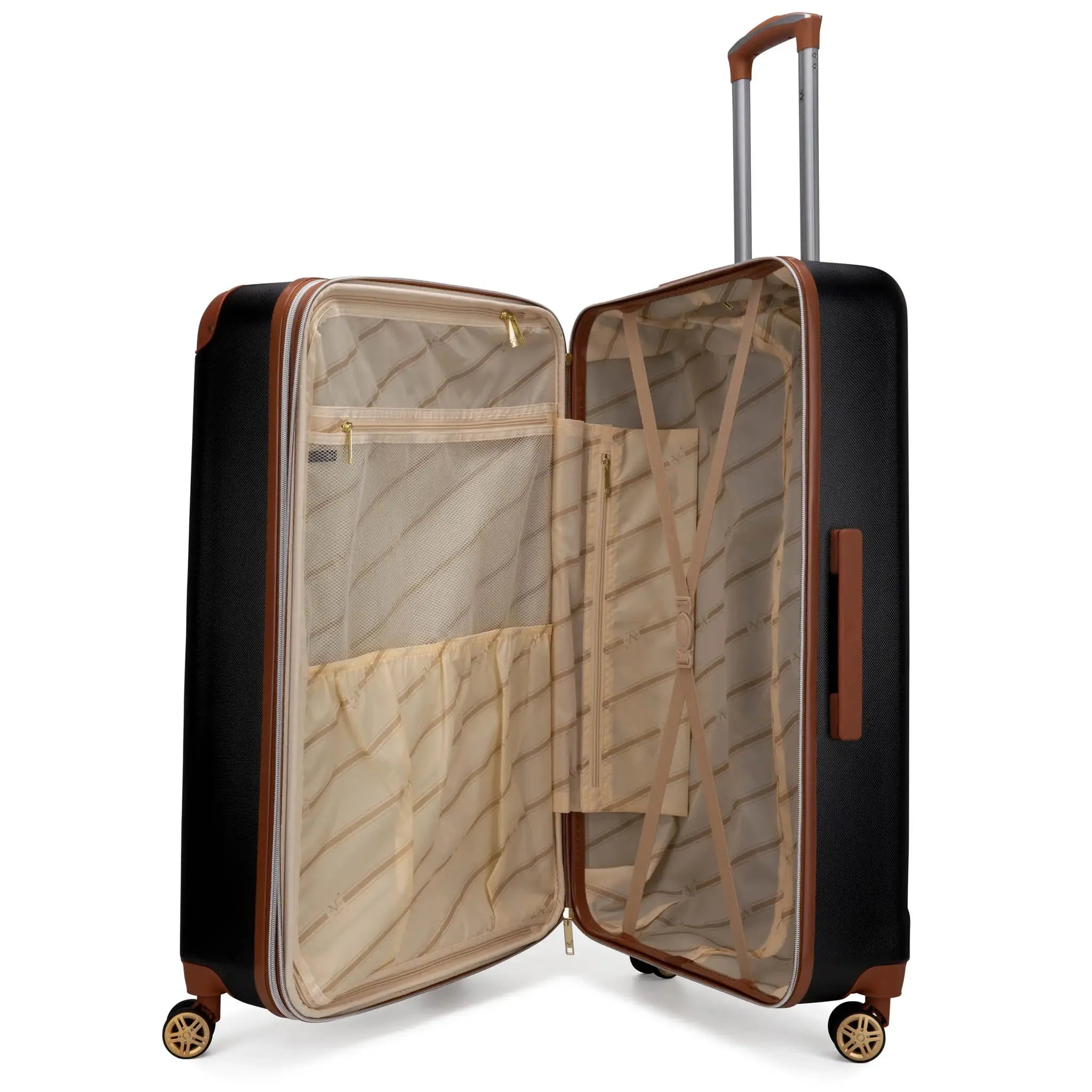 Open black suitcase with brown accents on a white background