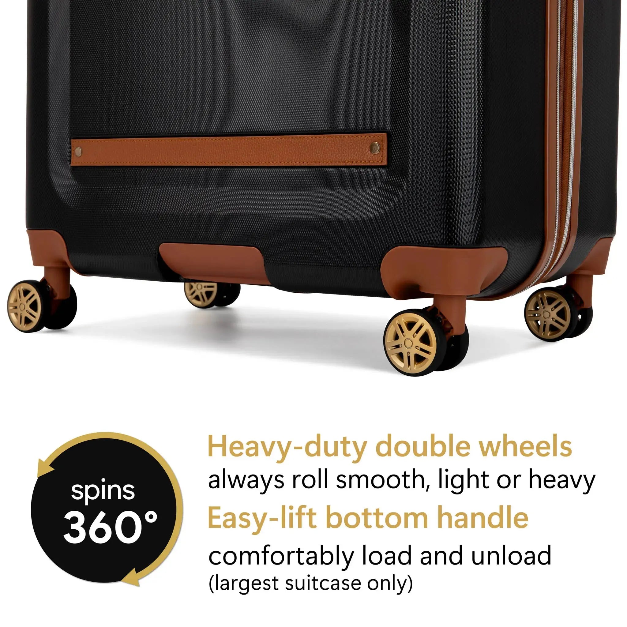 Black suitcase with brown accents on a white background, featuring text about its features.