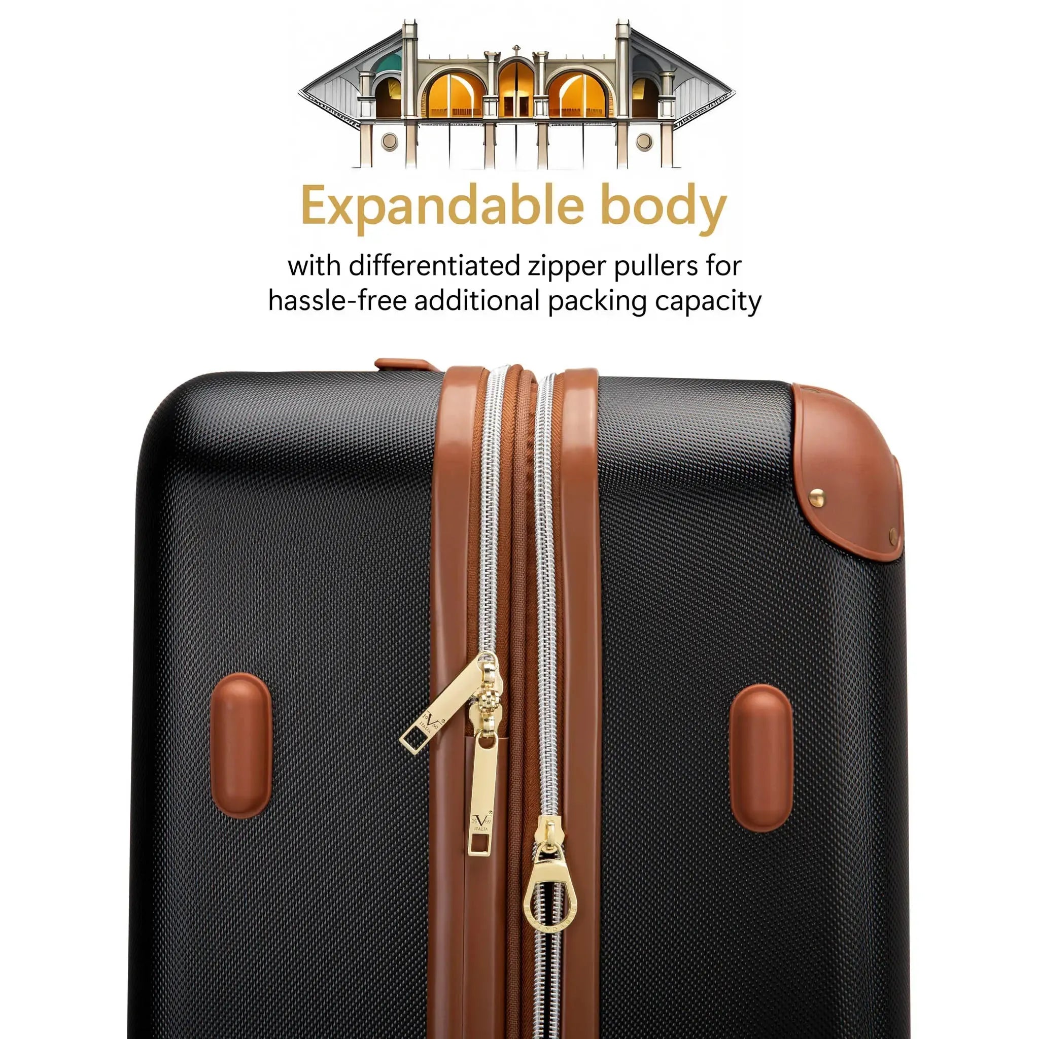 Black suitcase with brown accents and gold zipper puller on a white background
