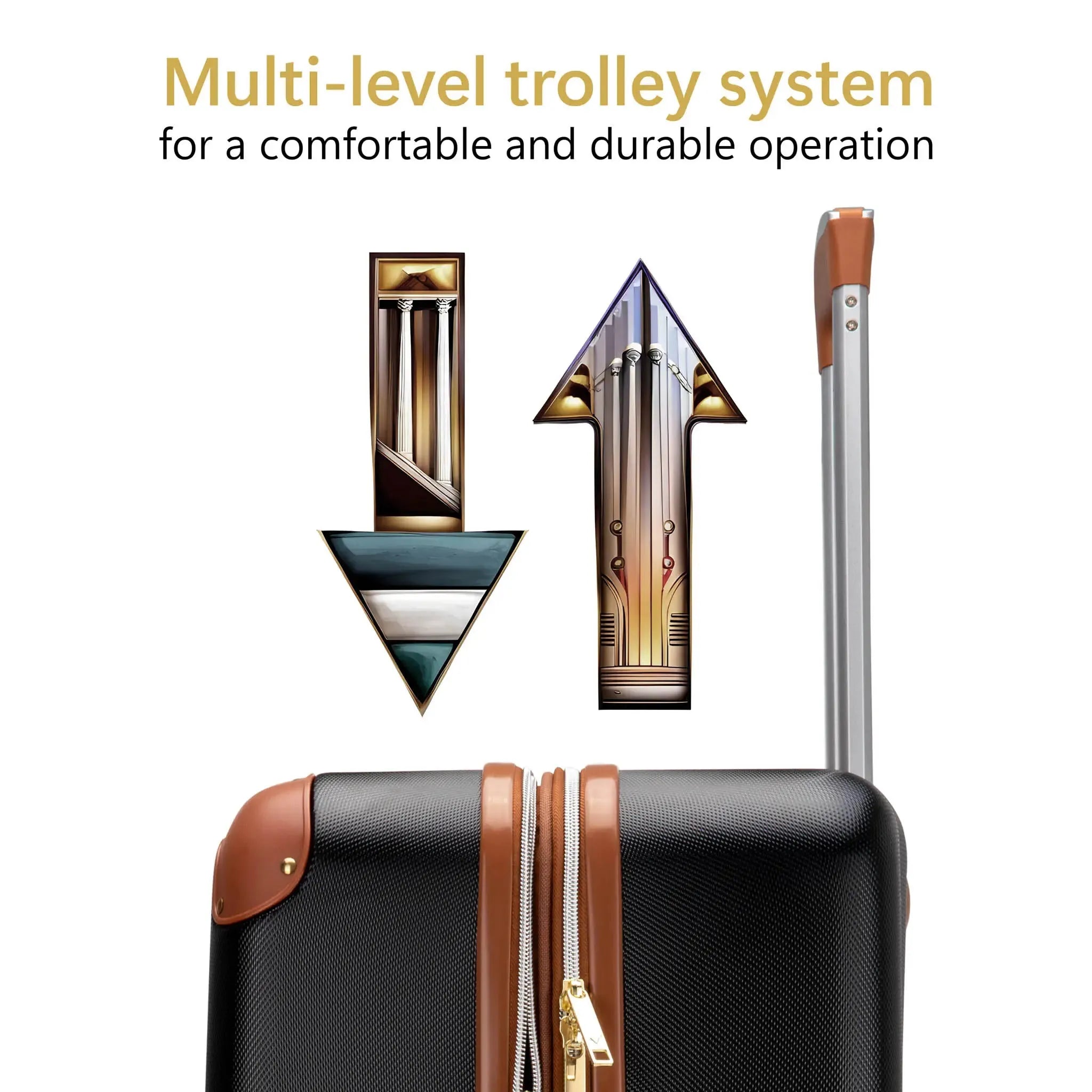 Black suitcase with brown accents and multi-level trolley system illustration on a white background