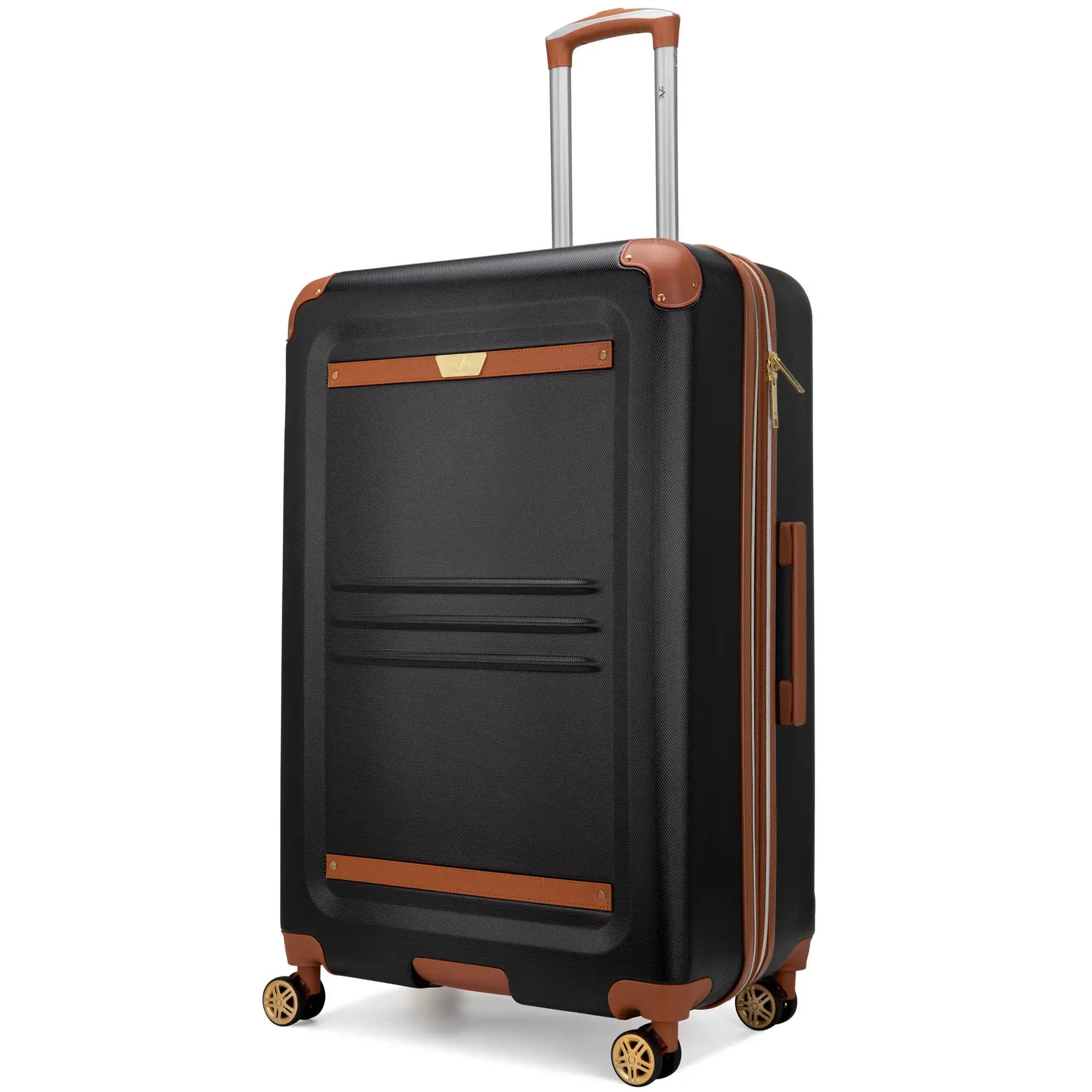 Black suitcase with brown accents on a white background