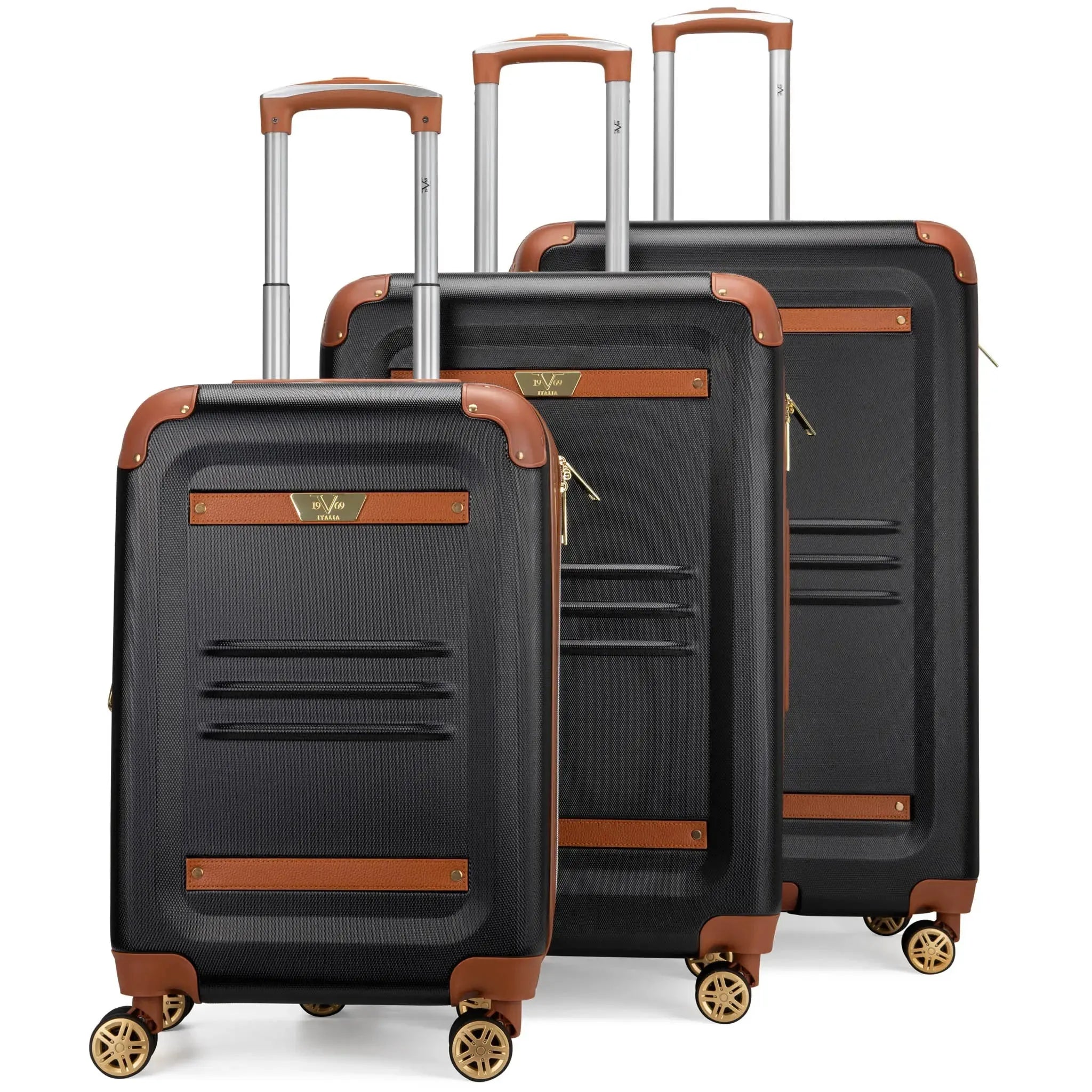 Set of black suitcases with brown accents on a white background