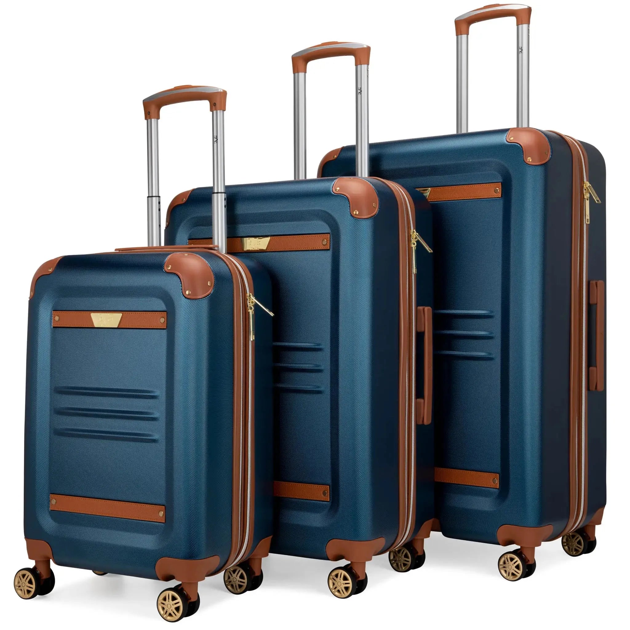 Set of three blue suitcases with brown accents on a white background