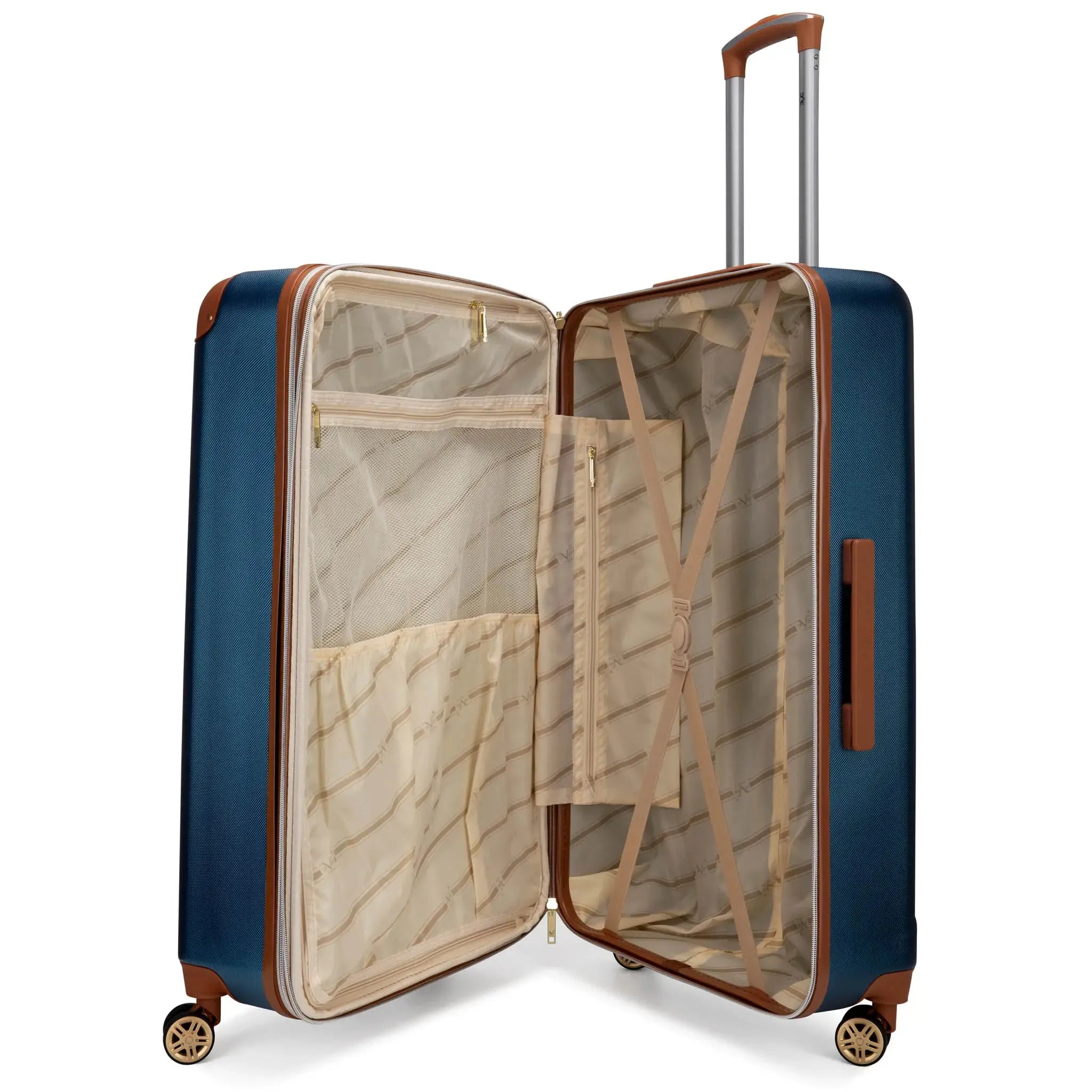 Blue suitcase with open lid on a white background