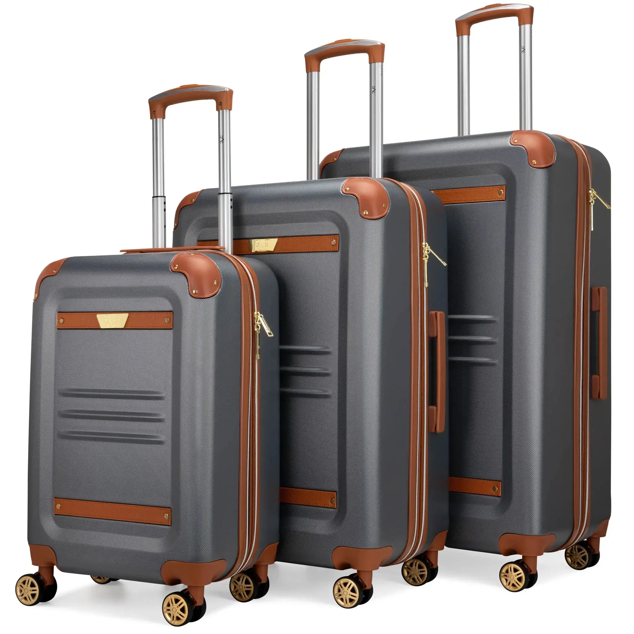 Set of three gray suitcases with brown accents on a white background