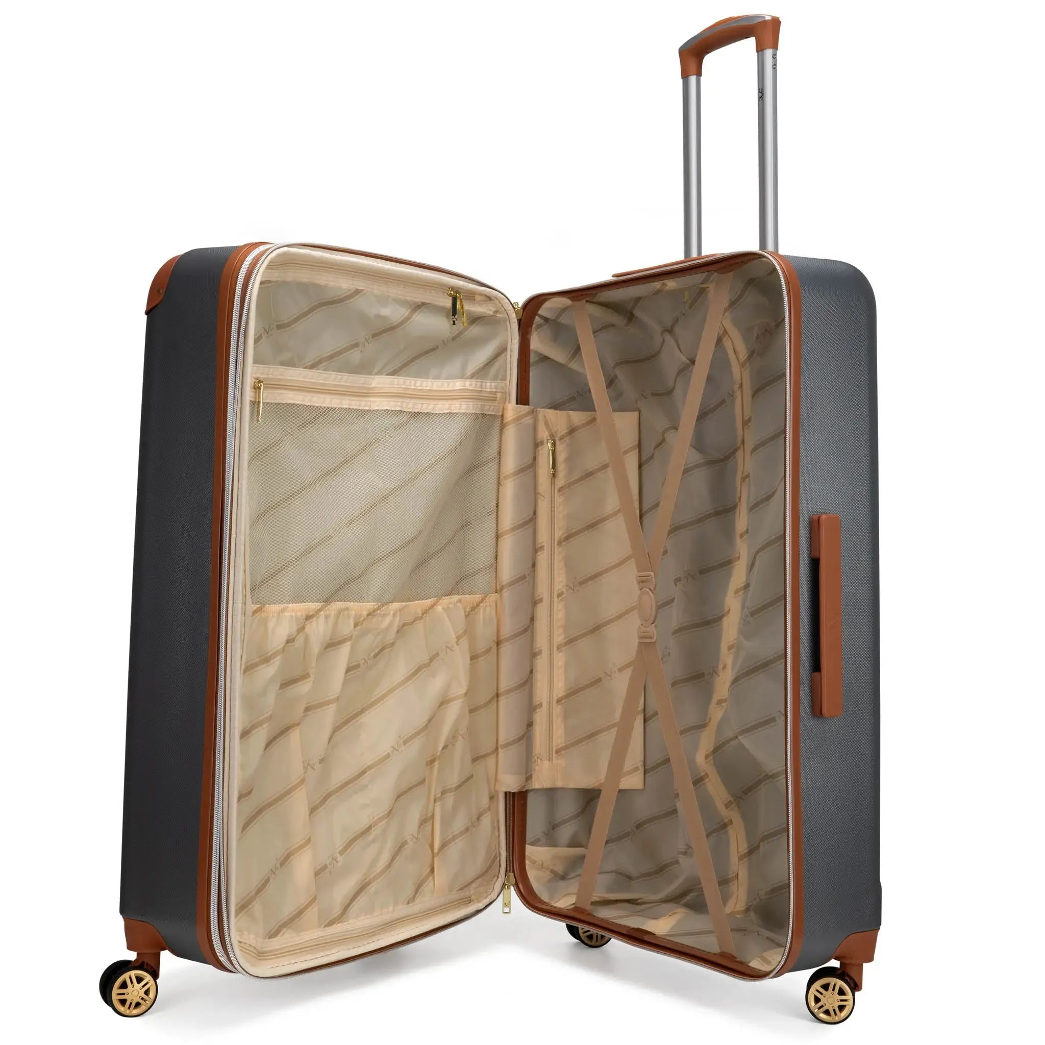 Open suitcase with interior compartments on a white background