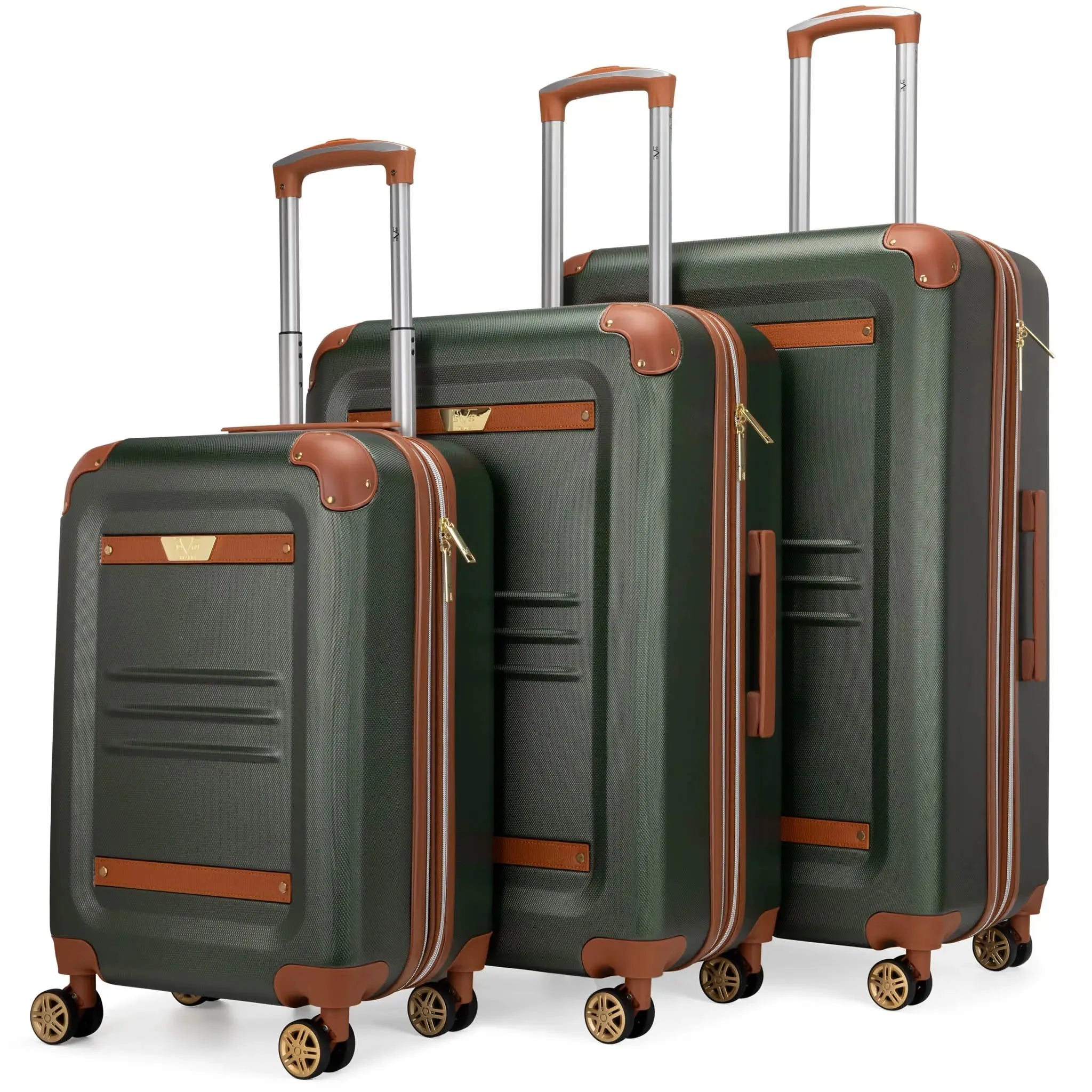 Set of three green suitcases with brown accents on a white background