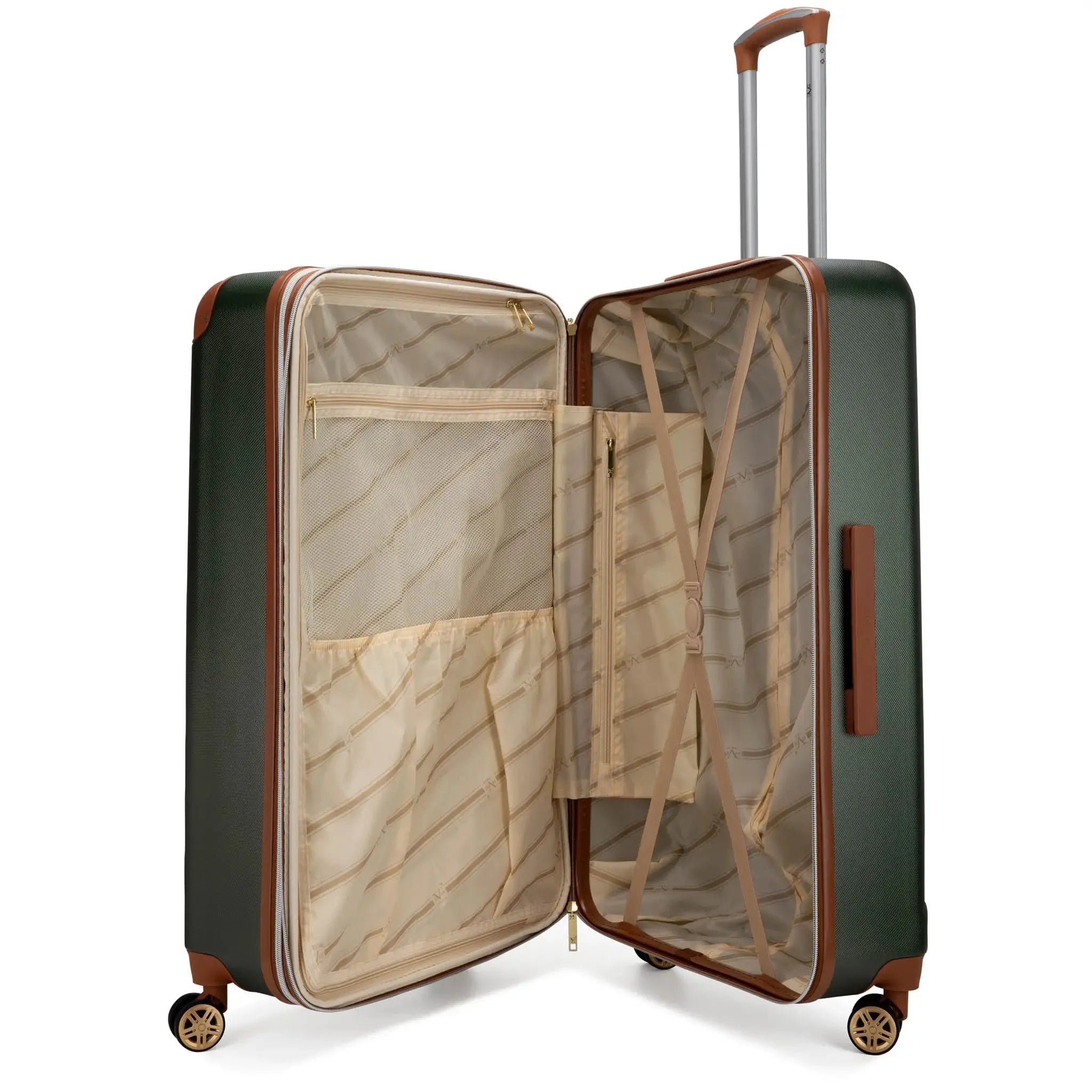 Open green suitcase with a clear interior on a white background