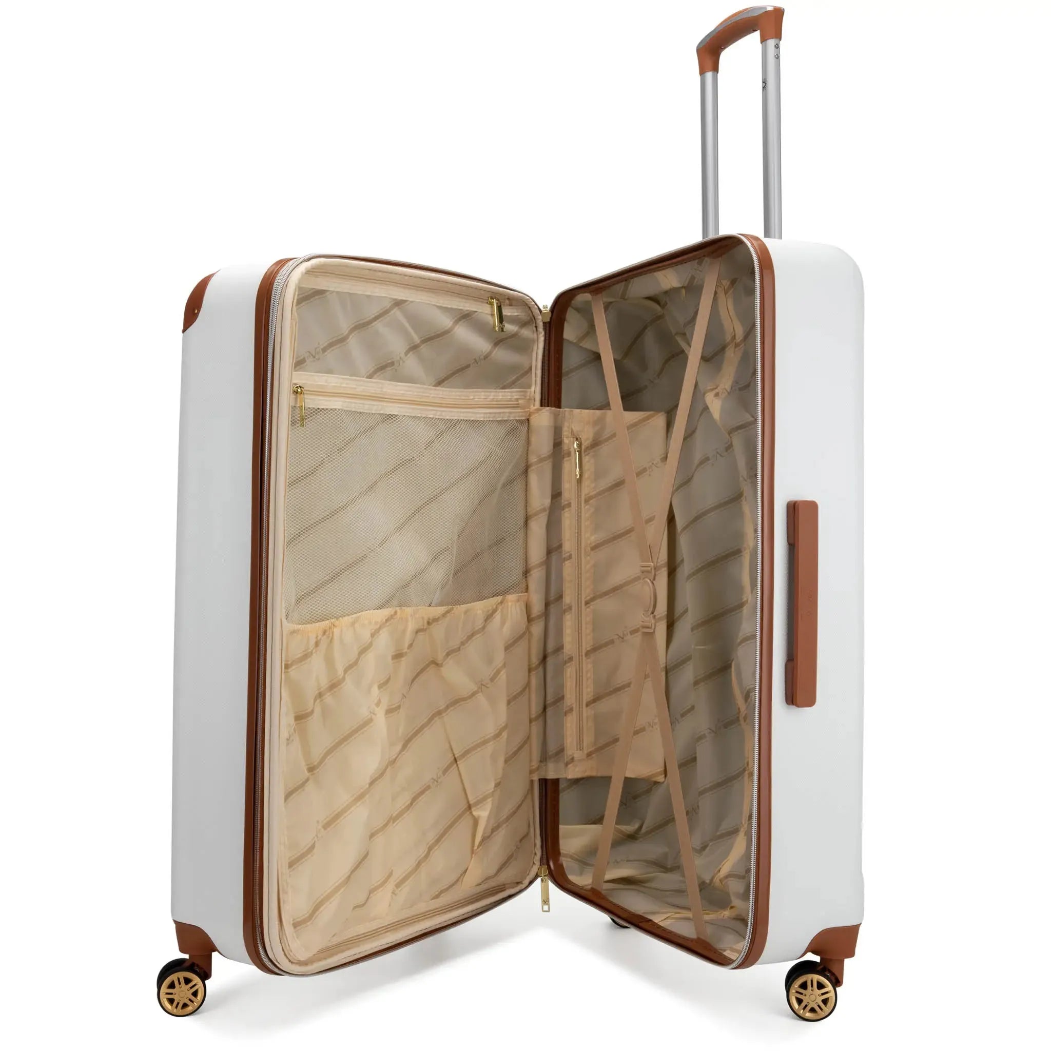 White suitcase with open lid on a white background