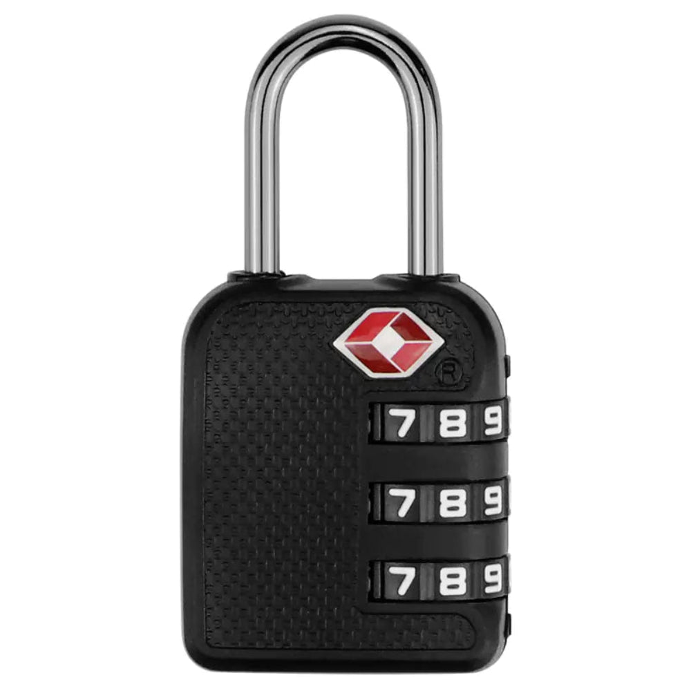 Black combination lock with a visible brand logo on a white background