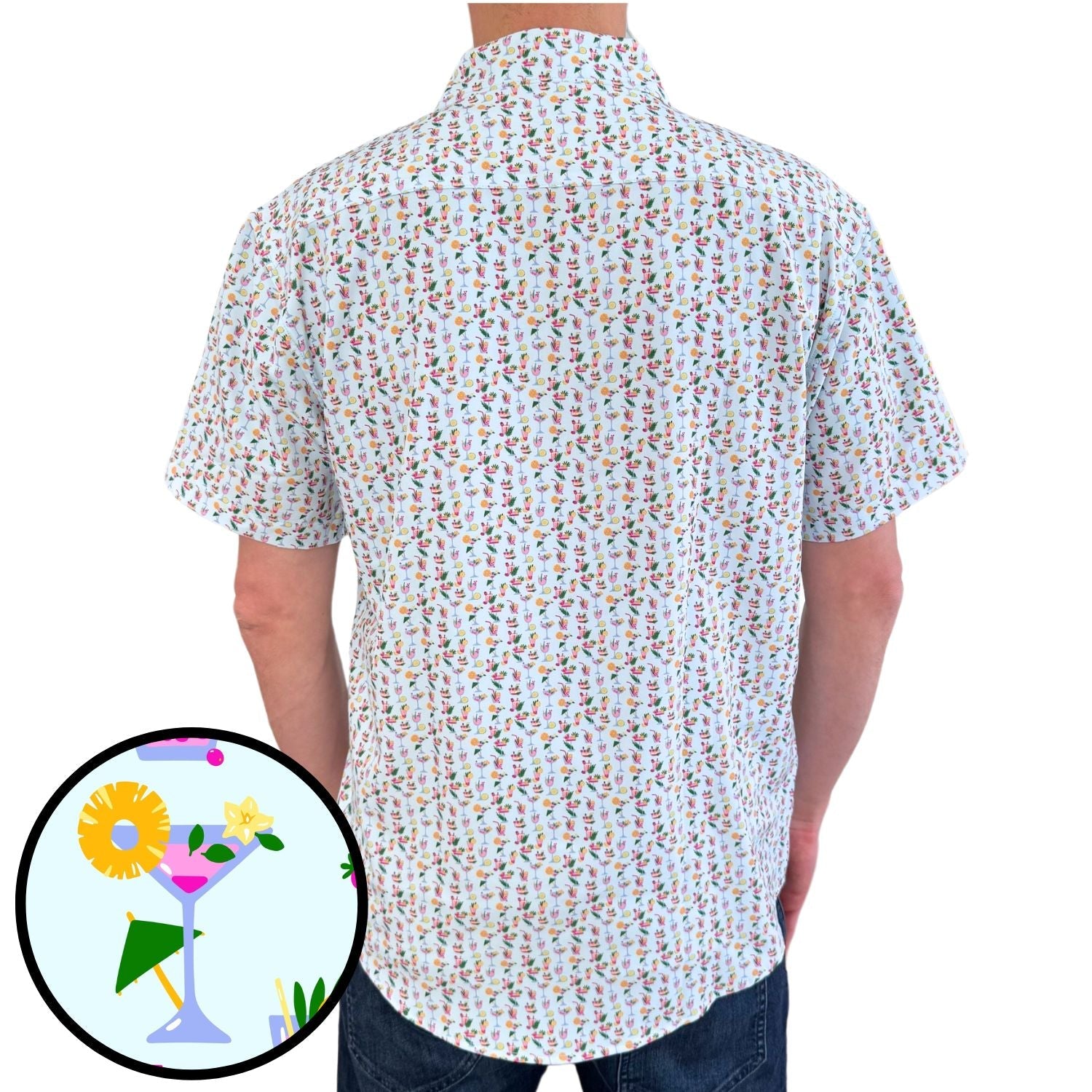Short-sleeve shirt with colorful pattern on a white background