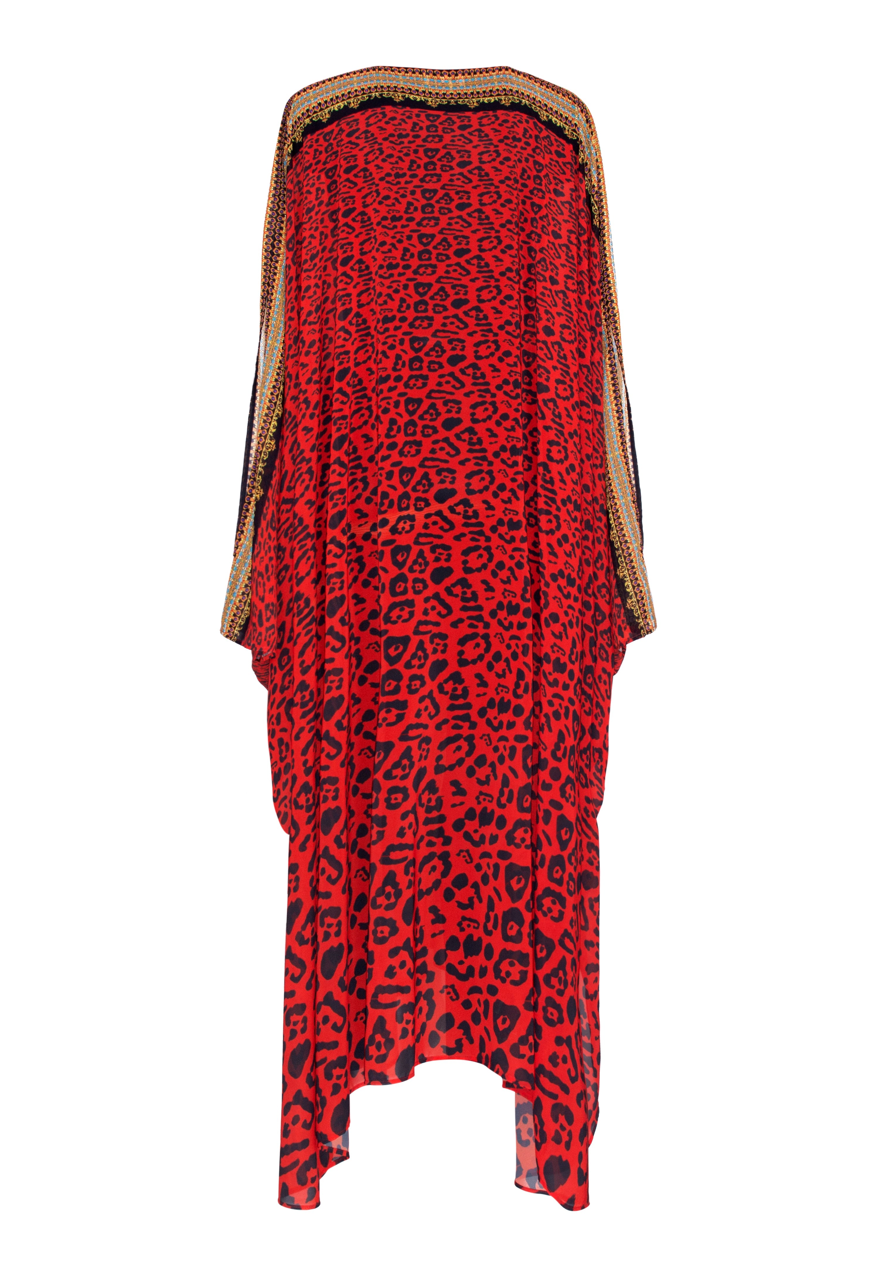 Red dress with black leopard print and gold trim on a white background