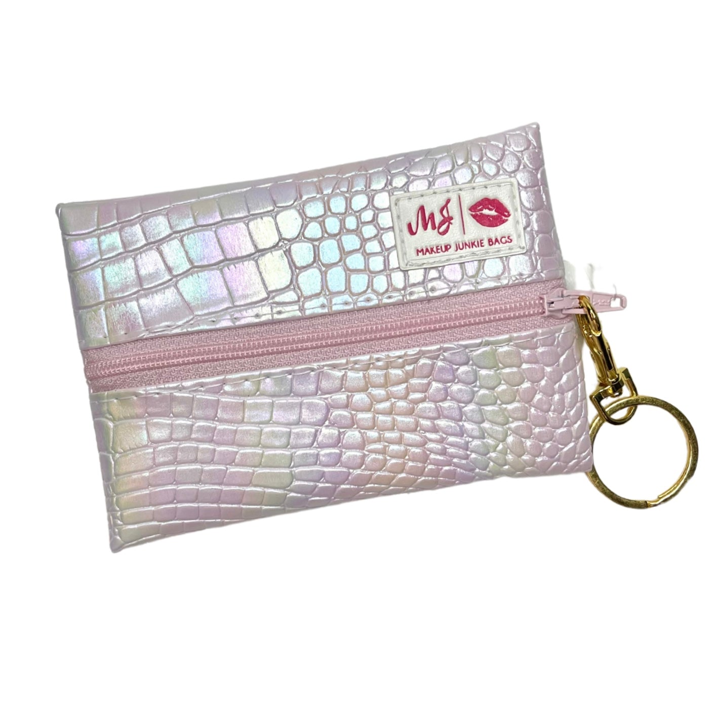 Iridescent pouch with pink zipper and keychain attachment on a white background