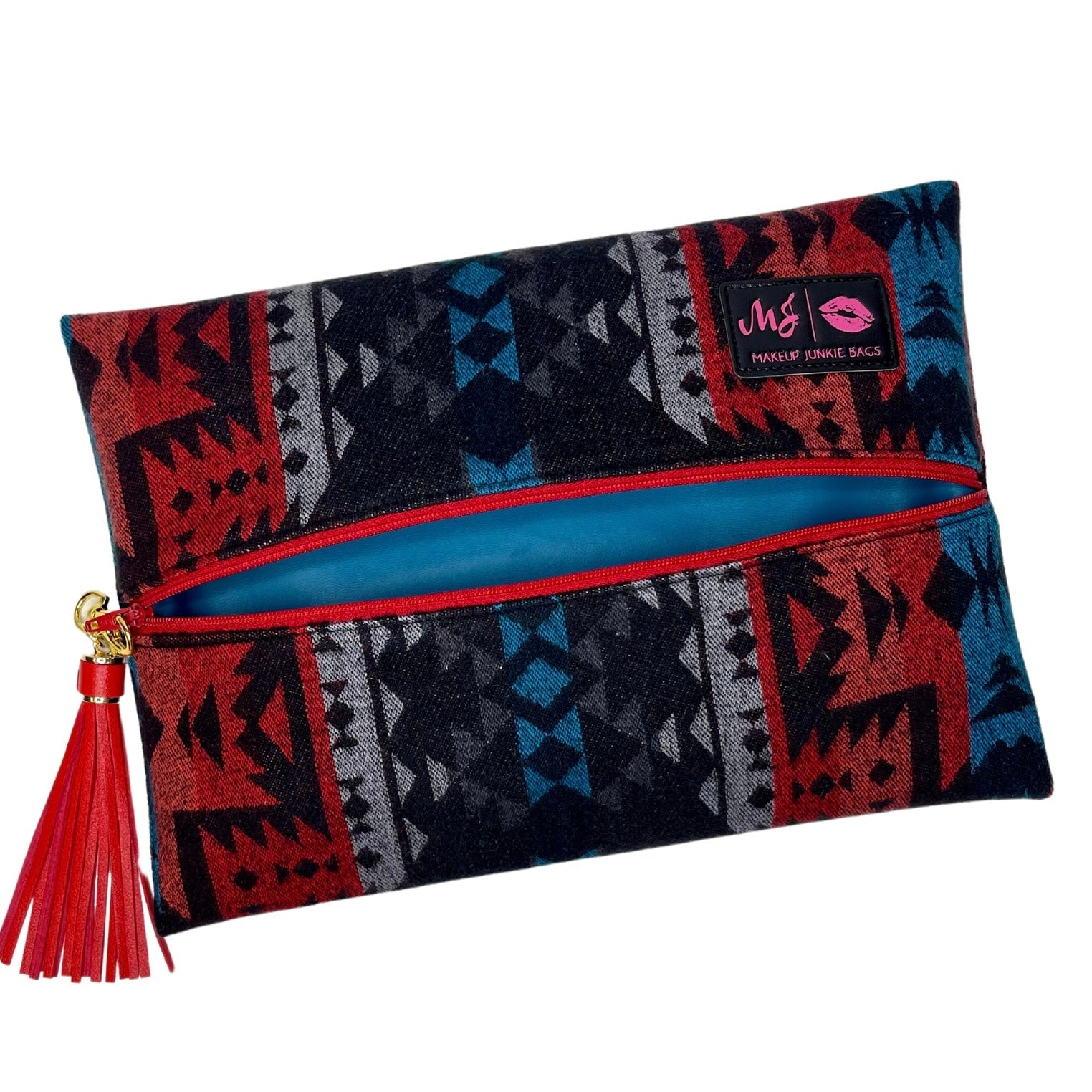 Patterned pouch with a tassel on a white background