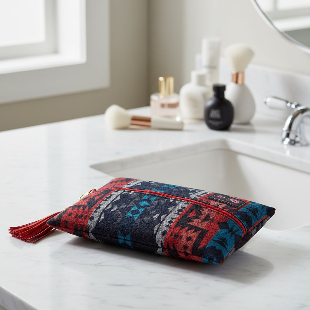 Patterned pouch with a tassel on a white background