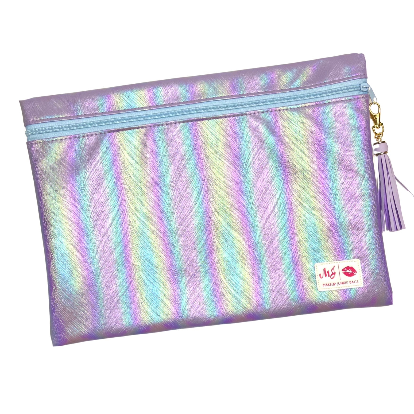 Iridescent pouch with a blue zipper and tassel on a white background