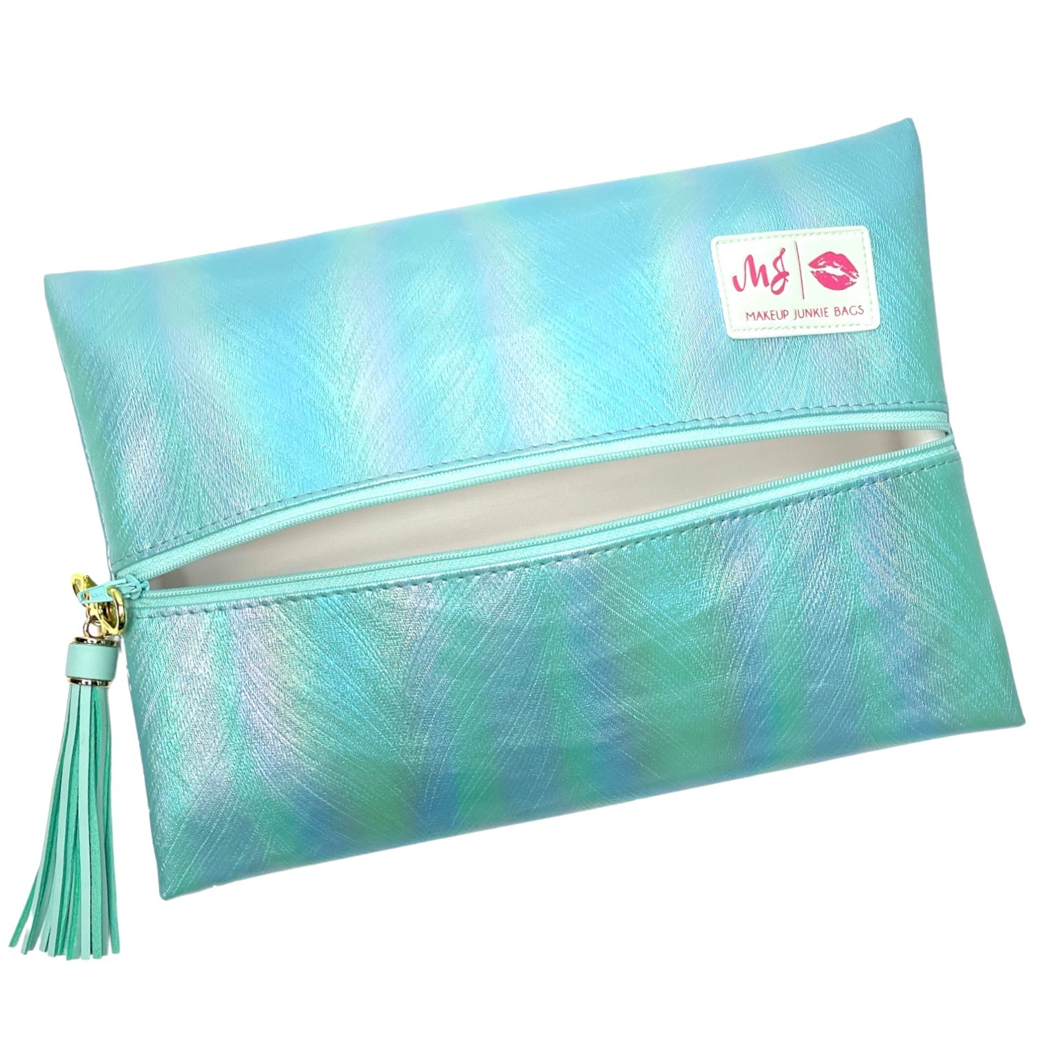 Turquoise makeup bag with a visible brand label on a white background