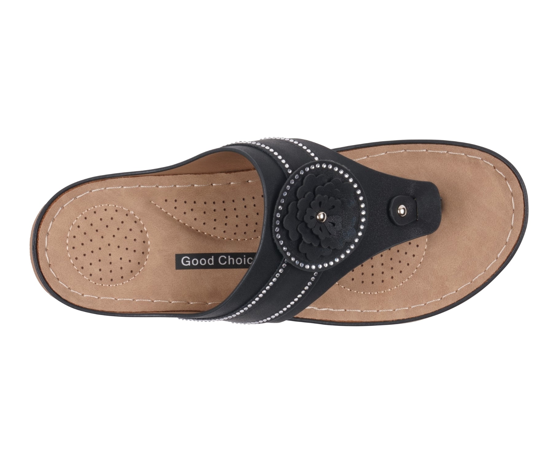 Black sandal with 'Good Choice' branding on a white background