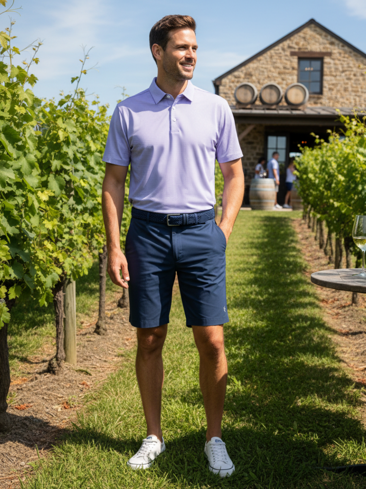 Man in a light purple shirt and navy shorts standing in a vineyard with a building in the background.