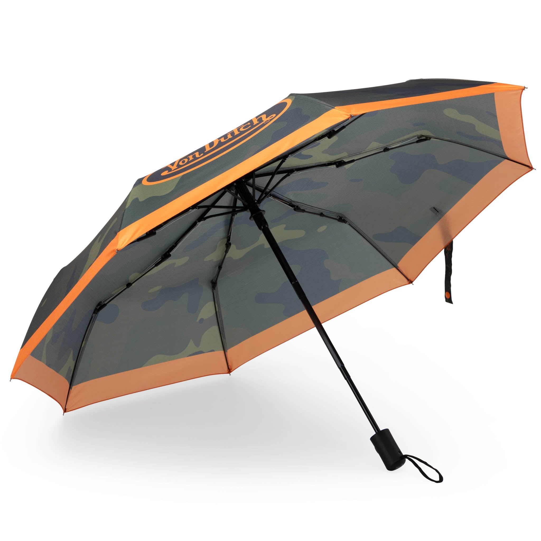 Camouflage-patterned umbrella with orange border on a white background