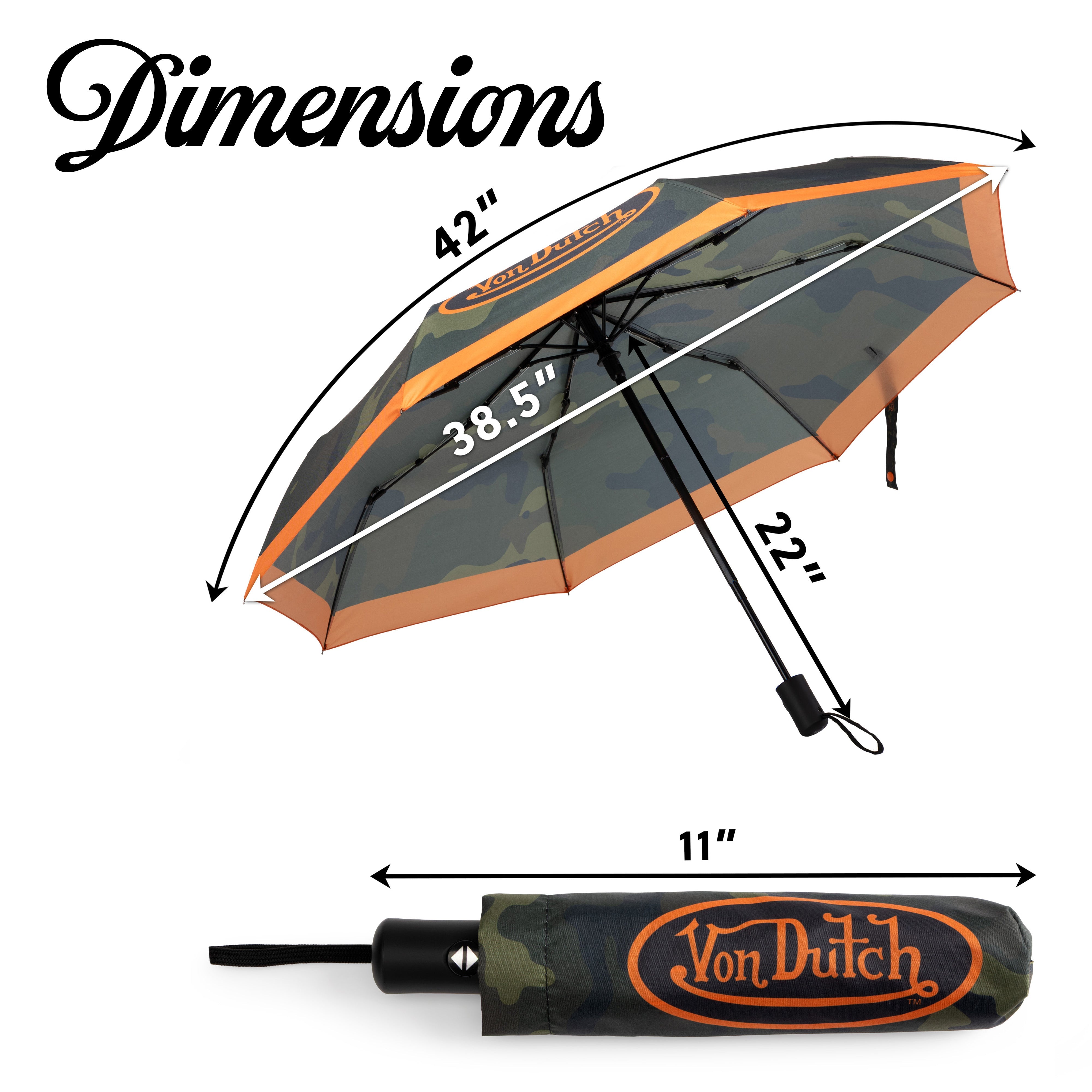 Measurement chart of an umbrella with dimensions labeled, featuring the Von Dutch brand.