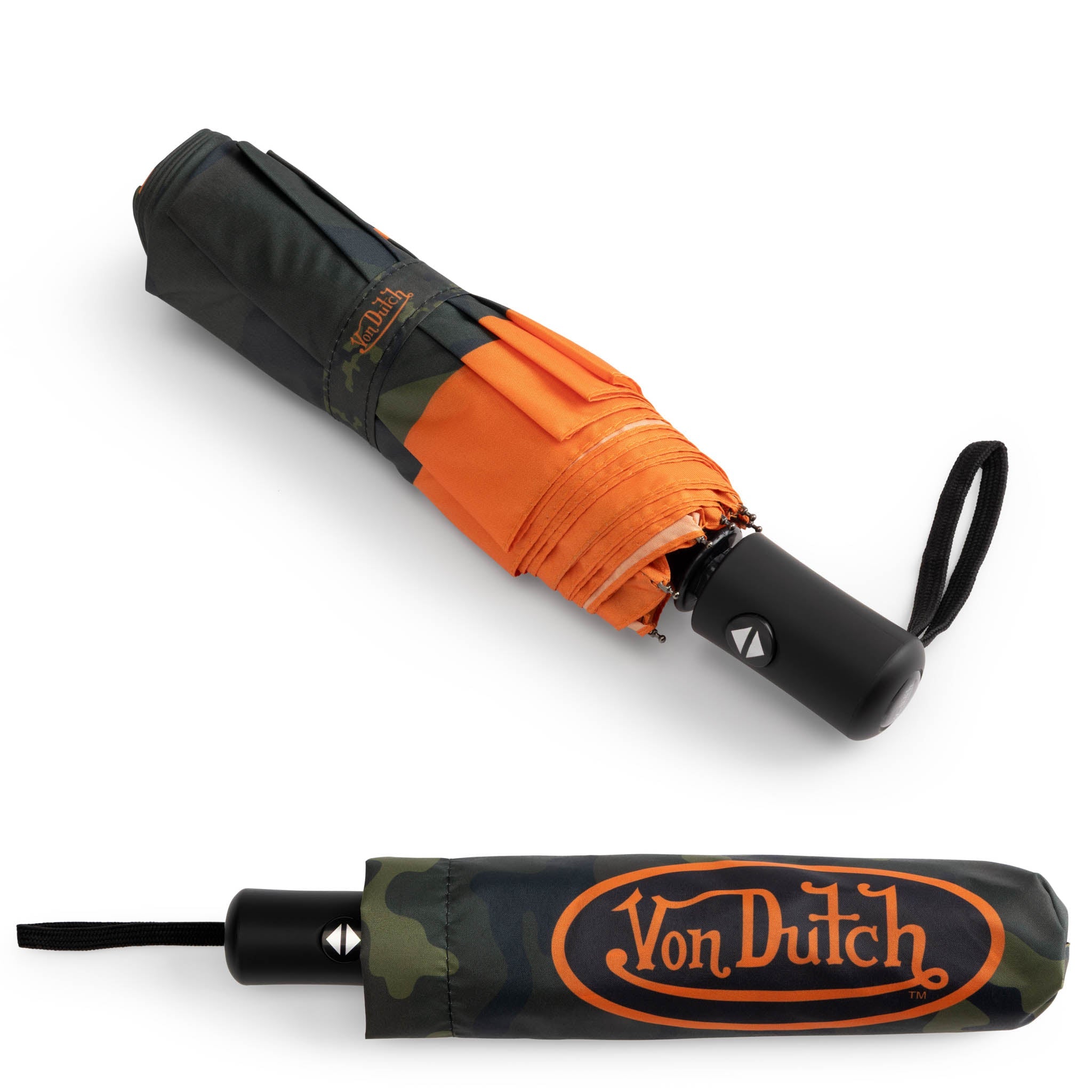 Folded orange umbrella with black handle and camo pattern on a white background, featuring the Von Dutch brand.