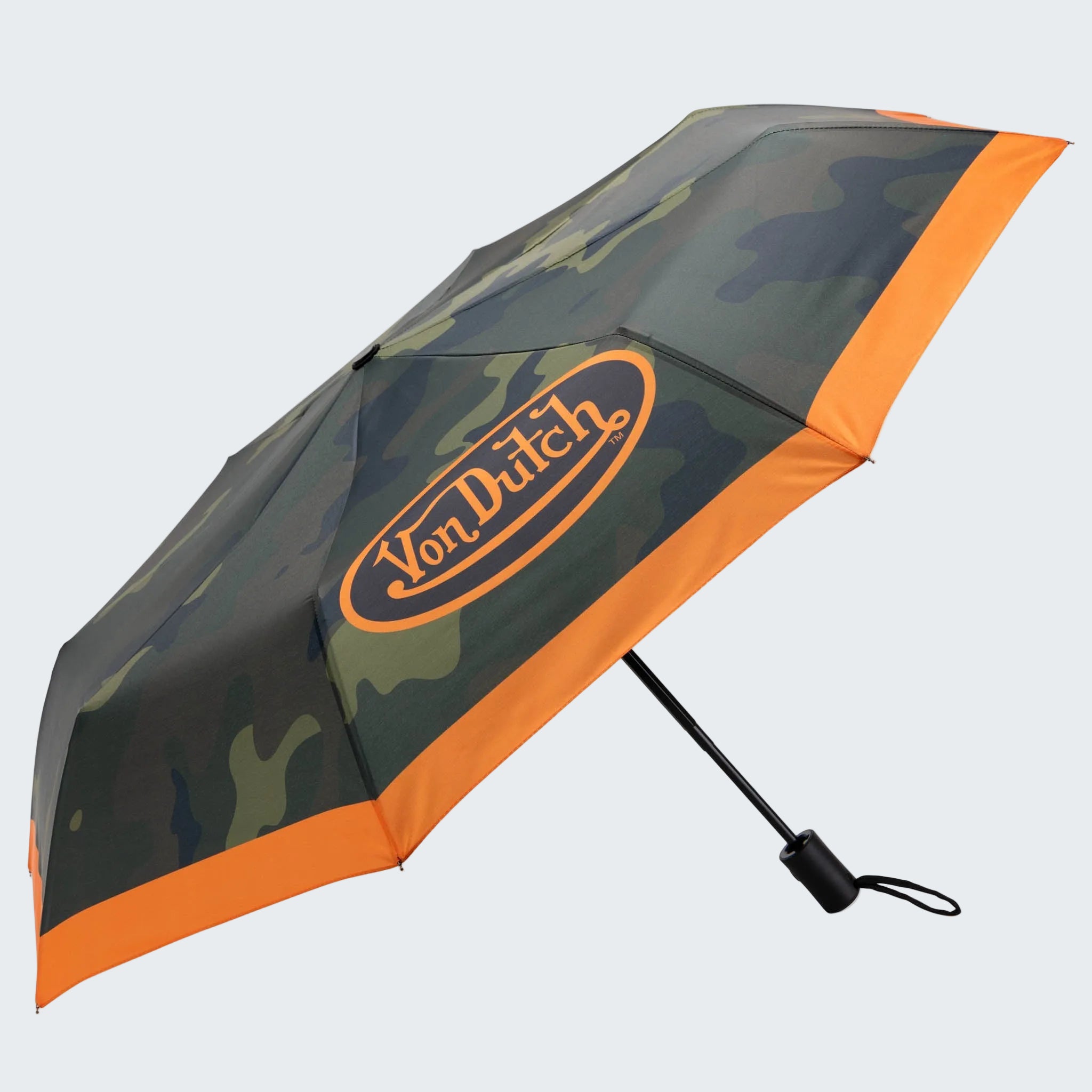 Camouflage-patterned umbrella with orange border and 'Von Dutch' logo on a white background
