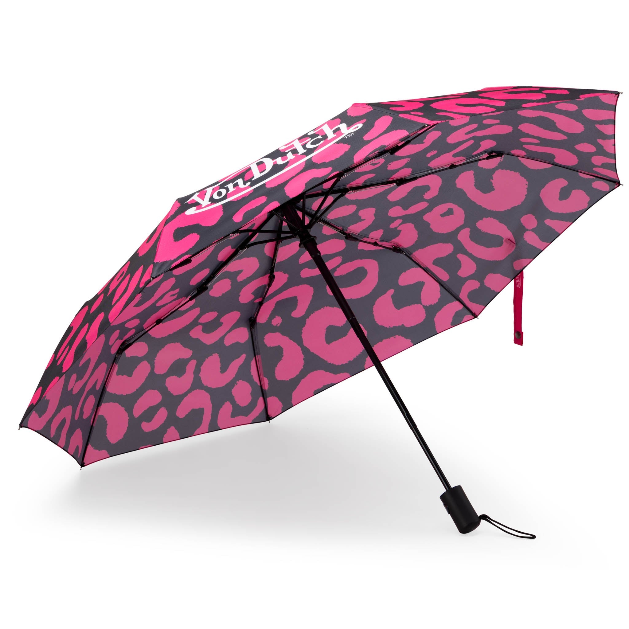 Pink and black patterned umbrella with 'Von Dutch' branding on a white background