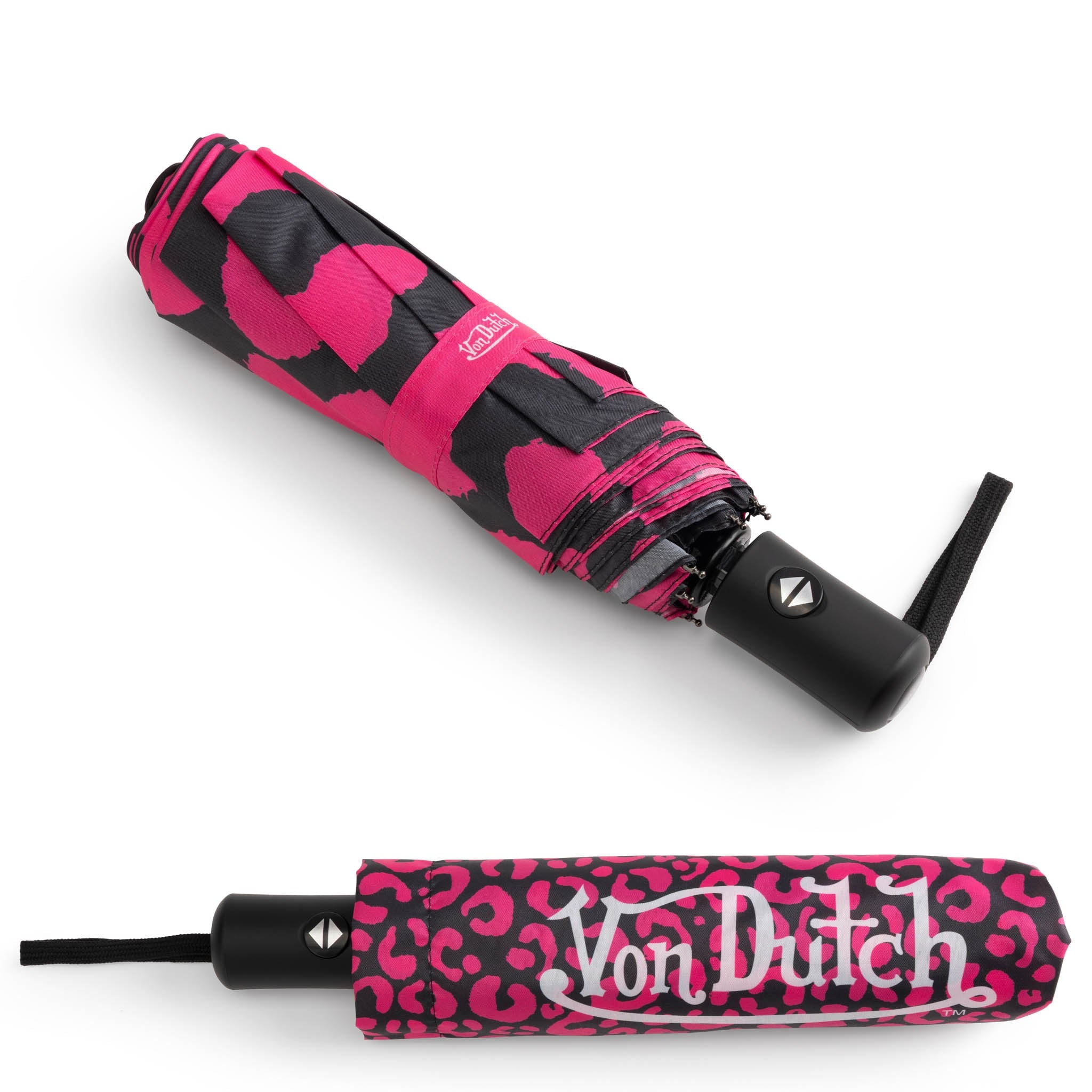 Pink and black patterned umbrella with 'Von Dutch' branding on a white background