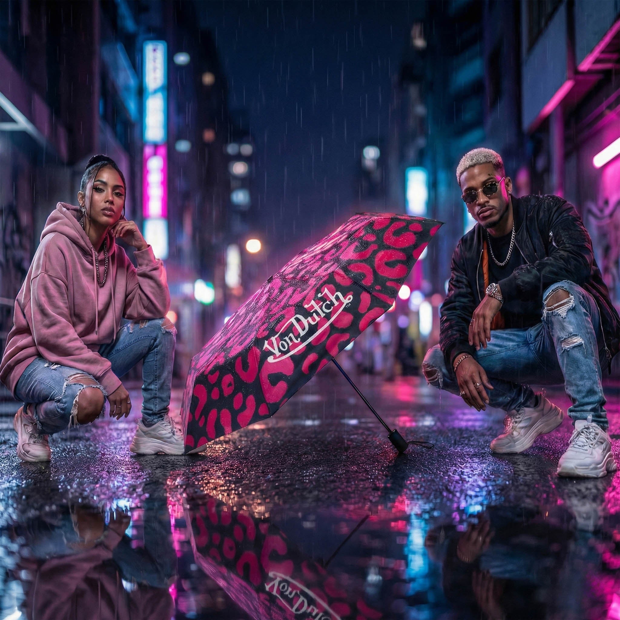 Two people in an urban setting with a pink umbrella featuring 'Von Dutch' branding.
