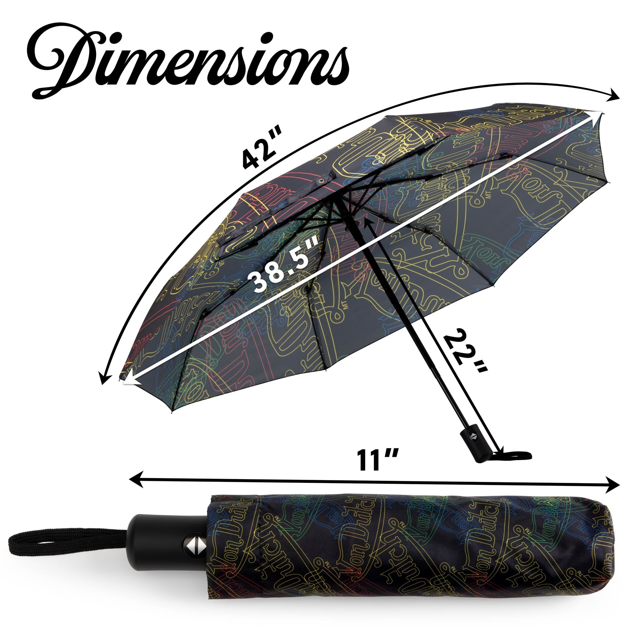 Measurement chart of a folded umbrella with dimensions labeled