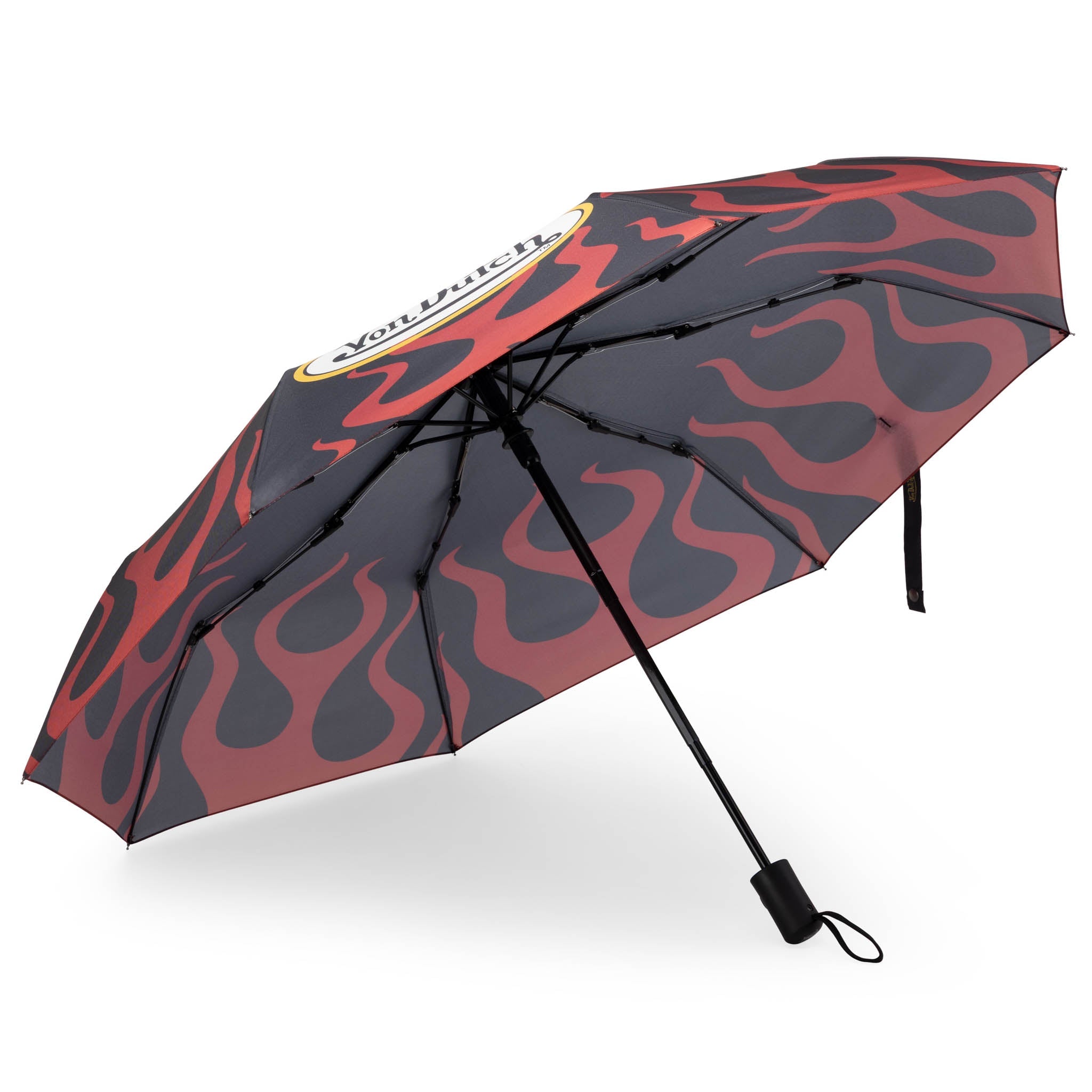 Umbrella with red and black flame pattern on a white background