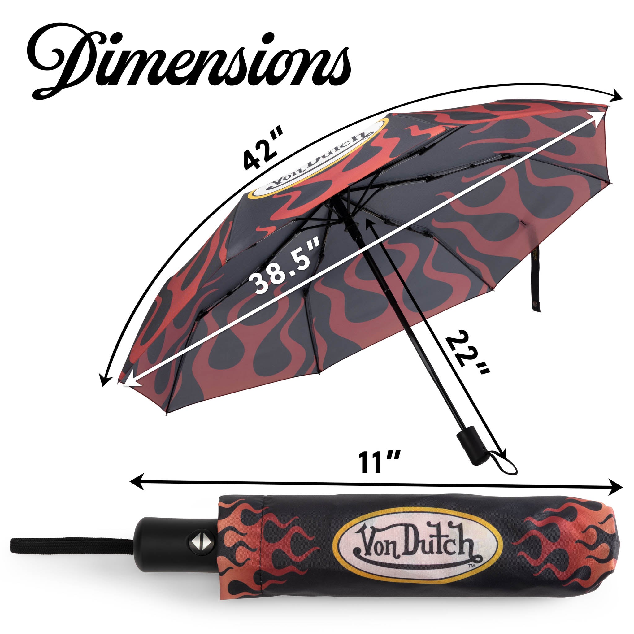 Von Dutch umbrella with measurements on a white background