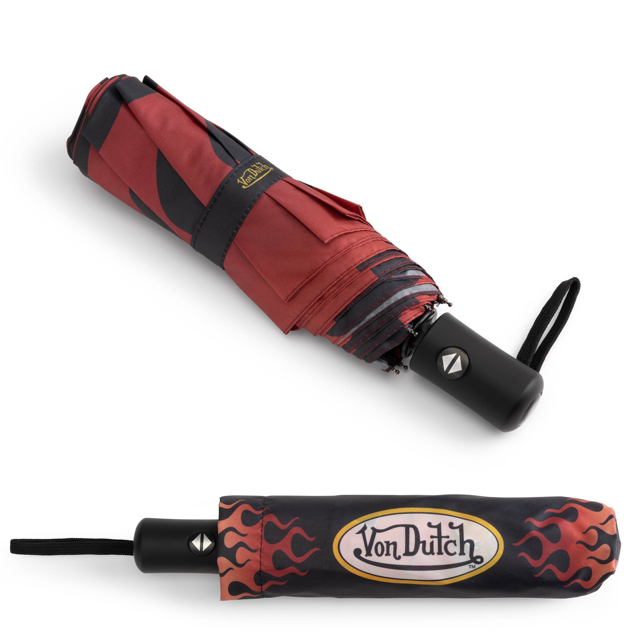 Red and black umbrella with Von Dutch logo on a white background