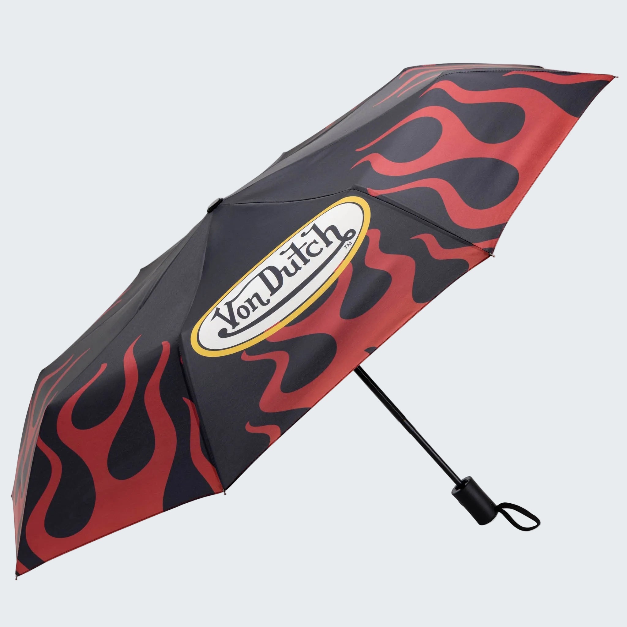 Black and red flame-patterned umbrella with Von Dutch logo on a white background